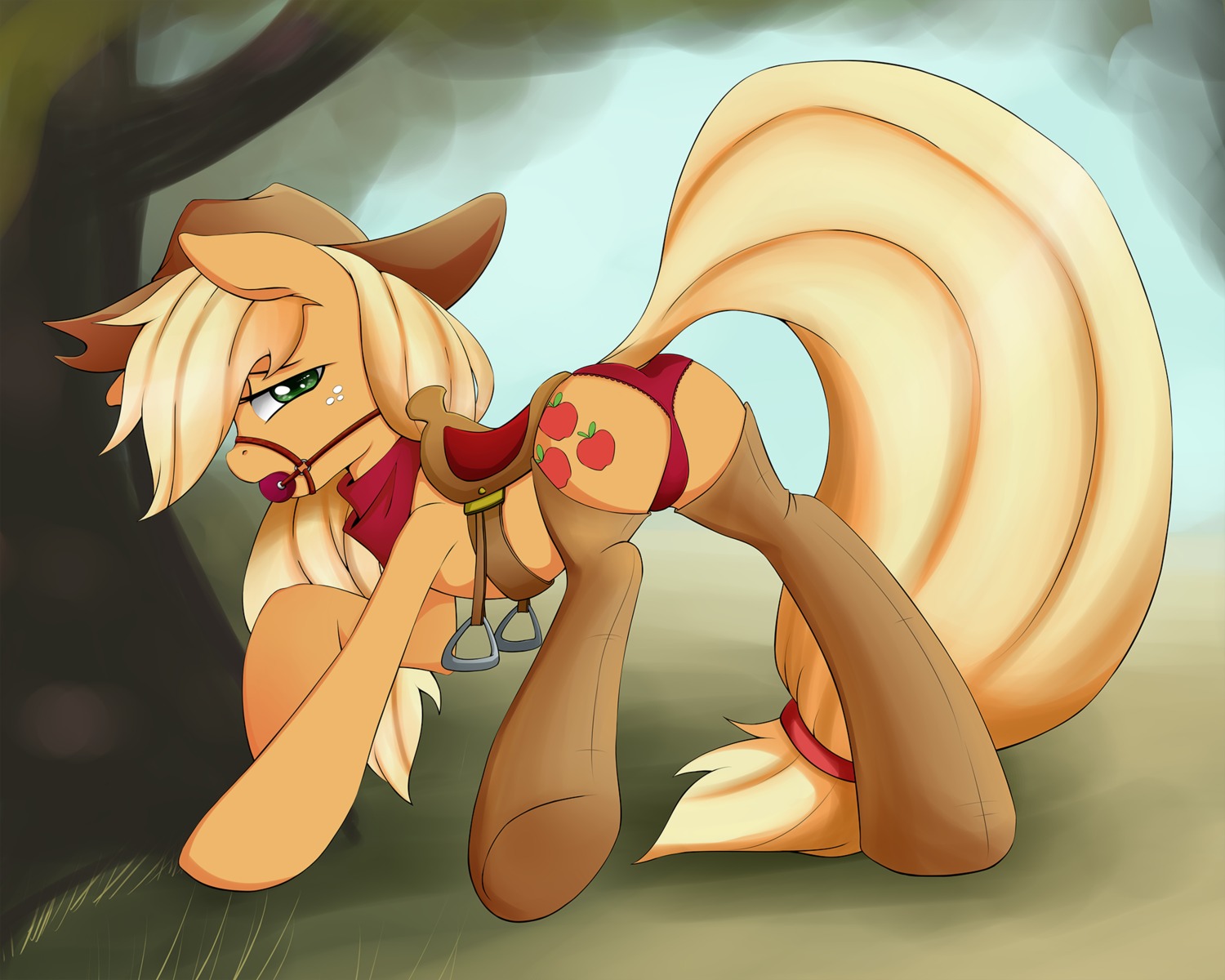 5:4 applejack_(mlp) ball_gag chaps clothing cutie_mark e621 earth_pony equid equine female feral freckles friendship_is_magic gag gagged grumblepluck hasbro hi_res horse legwear looking_at_viewer mammal my_little_pony panties plant pony quadruped saddle solo stockings tail tree underwear wood