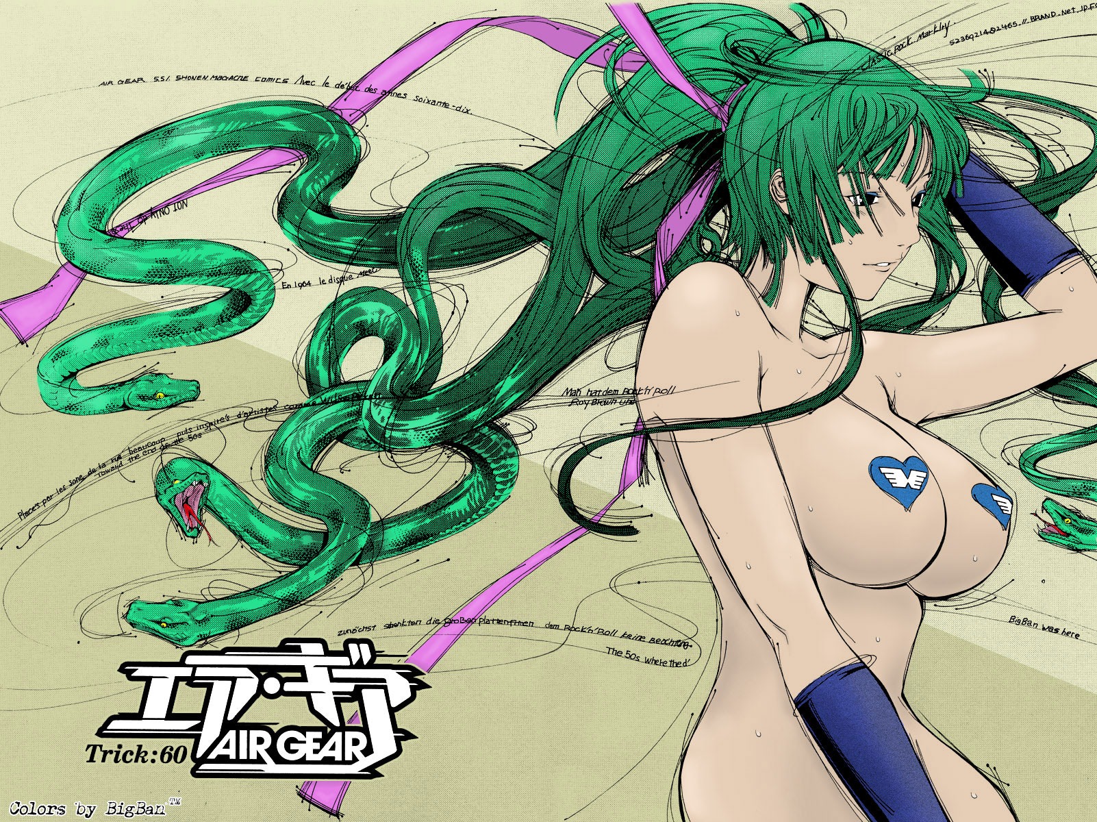 1girls air_gear bangs bare_shoulders big_breasts blush breasts collarbone color_edit colored english_text fangs female female_focus female_only forked_tongue gloves gradient_background green_background green_hair grey_eyes hair_ribbon hand_on_head heart heart_pasties highres human large_breasts laying_down mimasaka_ryou mostly_nude official_art oh!_great on_side parted_lips pasties ponytail reptile rule34 simple_background snake snake_hair solo solo_female sweat sweatdrop teeth text tied_hair tongue wallpaper yellow_background