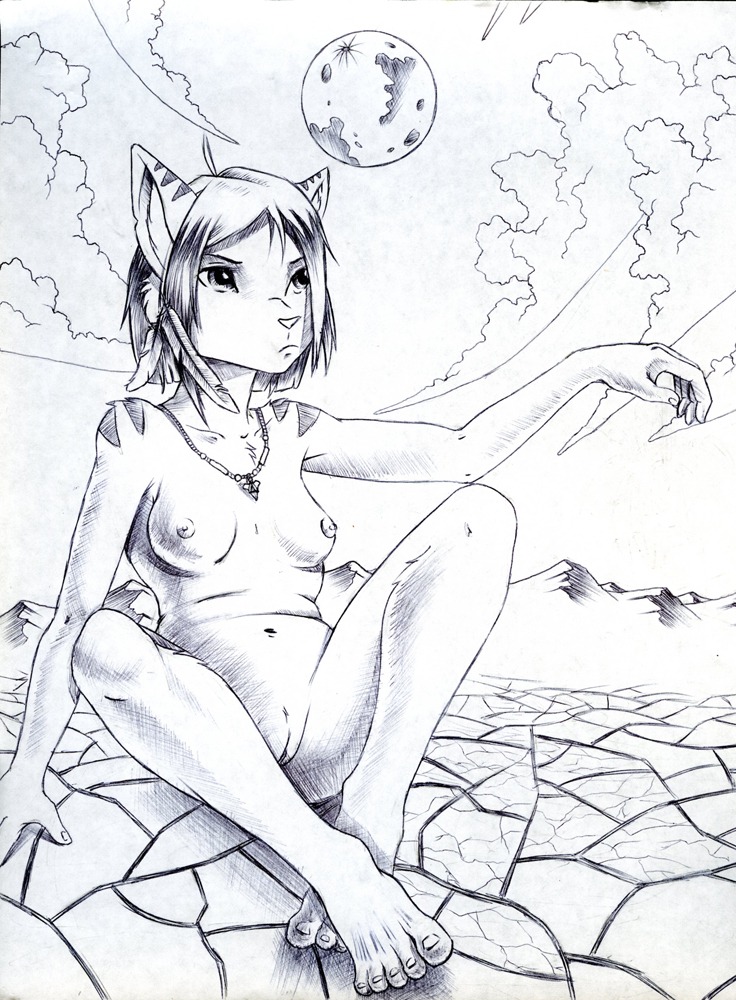 2011 anthro breasts desert e621 feathers female genitals greyscale jewelry locopelli monochrome moon necklace night nude outside sketch solo vulva
