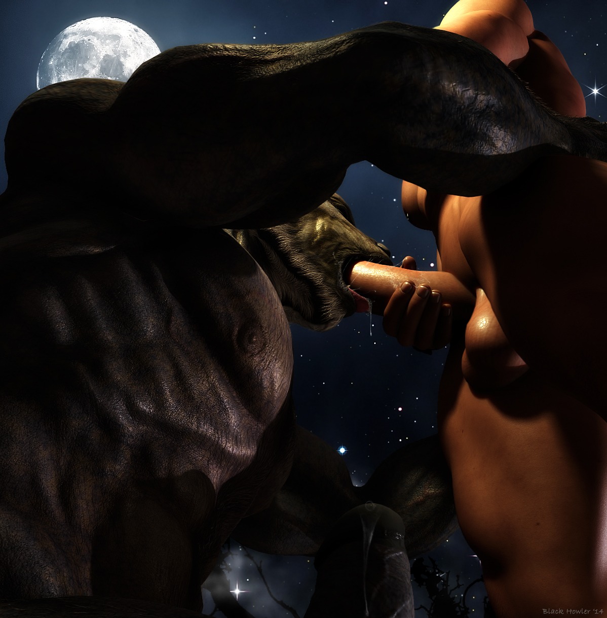 2014 3d_(artwork) abs anthro balls biceps black_body black_fur black_howler bodily_fluids canid canine close-up cum cum_in_mouth cum_inside digital_media_(artwork) dripping duo e621 erection fellatio fur genital_fluids genitals hi_res human humanoid_genitalia humanoid_penis interspecies lycaeous male male/male male_penetrated male_penetrating male_penetrating_male mammal muscular mythological_canine mythological_creature mythology night nipples oral oral_penetration outside pecs penetration penile penis precum saliva sex sky werecanid werecanine werecreature werewolf