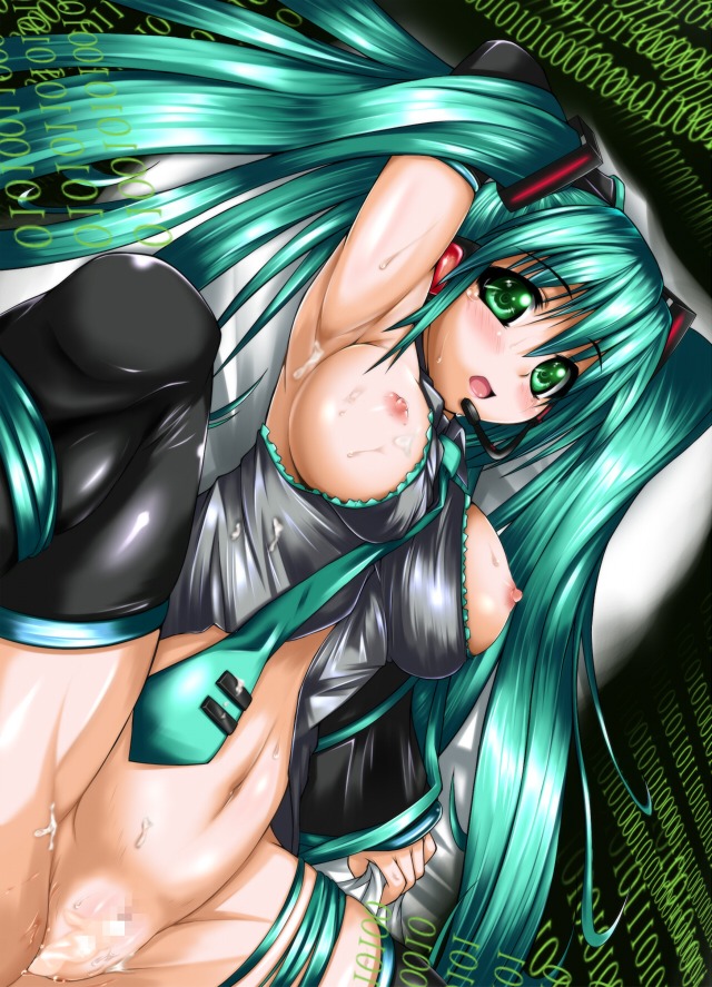 1girl aqua_hair armpits blush breasts censored cum cum_in_pussy detached_sleeves female green_eyes green_hair hatsune_miku headset large_breasts long_hair necktie nipples pussy rule34 solo tagme thighhighs twintails very_long_hair vocaloid