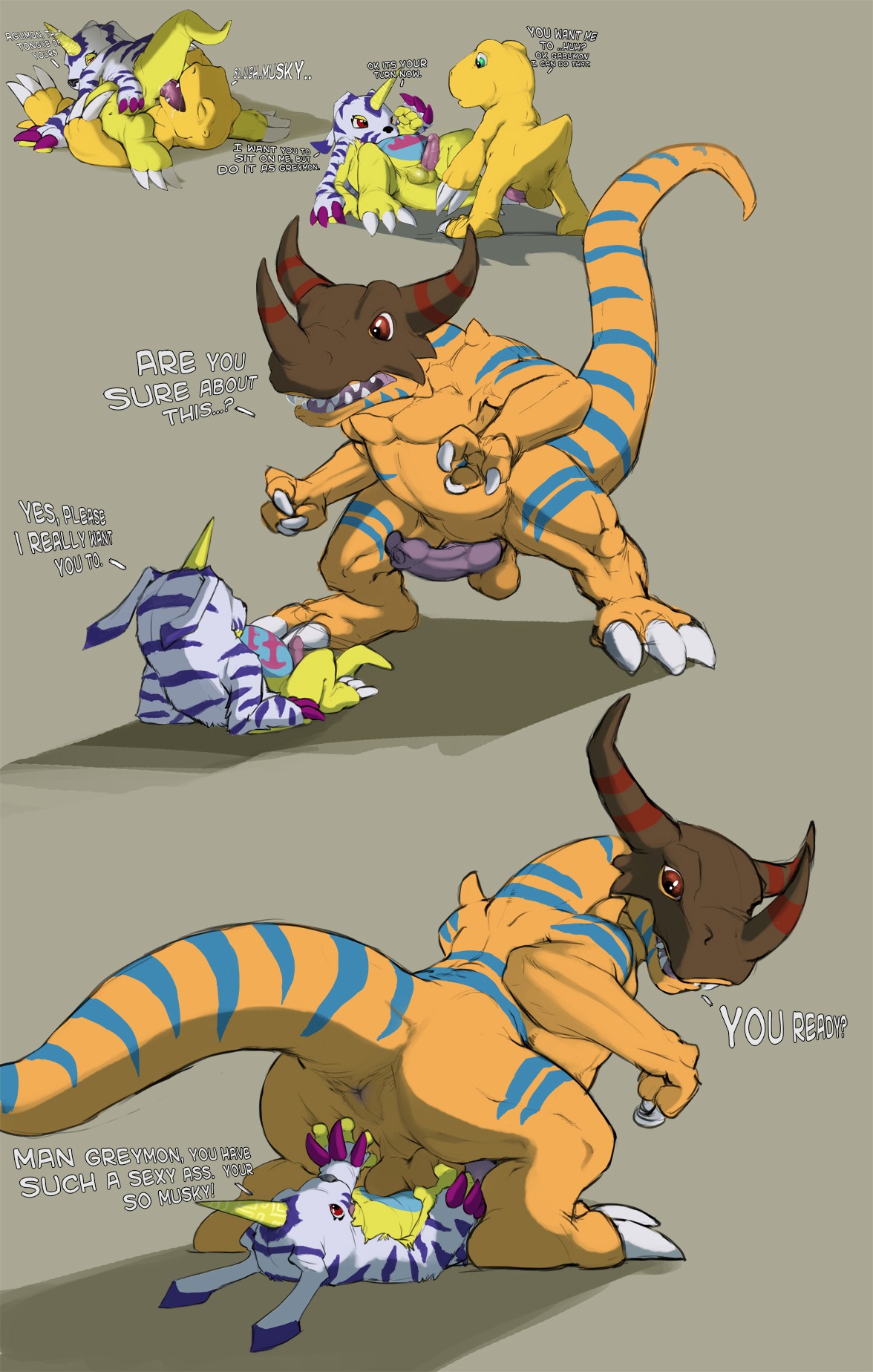 2012 agumon anal anal_penetration anus armor backsack balls bandai_namco big_butt big_penis butt claws dialogue digimon digimon_(species) dinosaur duo e621 english_text erection facesitting feral fur gabumon genitals greymon headgear helmet hi_res horn looking_back lying male male/male male_penetrated male_penetrating male_penetrating_male markings musk narse nude on_back oral paws penetration penis prehistoric_species presenting presenting_hindquarters reptile rimming scalie sequence sex simple_background sitting sitting_on_another tail text thick_tail yellow_body yellow_skin