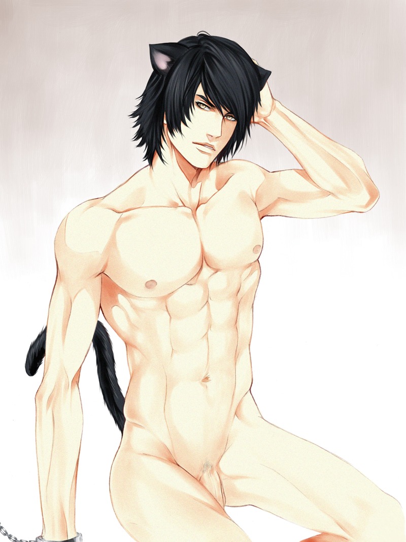 1boy abs animal_ears artist_request black_hair cat_ears chains chest flaccid male male_only muscles nude penis rule34 short_hair solo source_request tail yellow_eyes