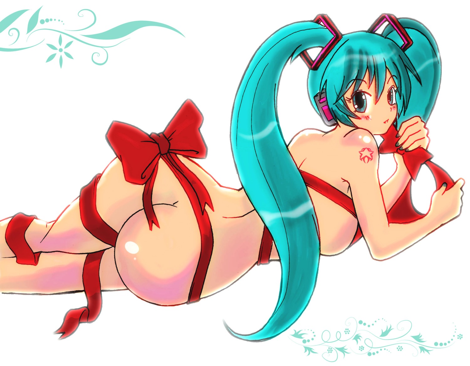 1girl aqua_eyes aqua_hair ass breasts female hatsune_miku headphones large_breasts long_hair lying naked_ribbon nude on_stomach ribbon rule34 solo tagme twintails very_long_hair vocaloid