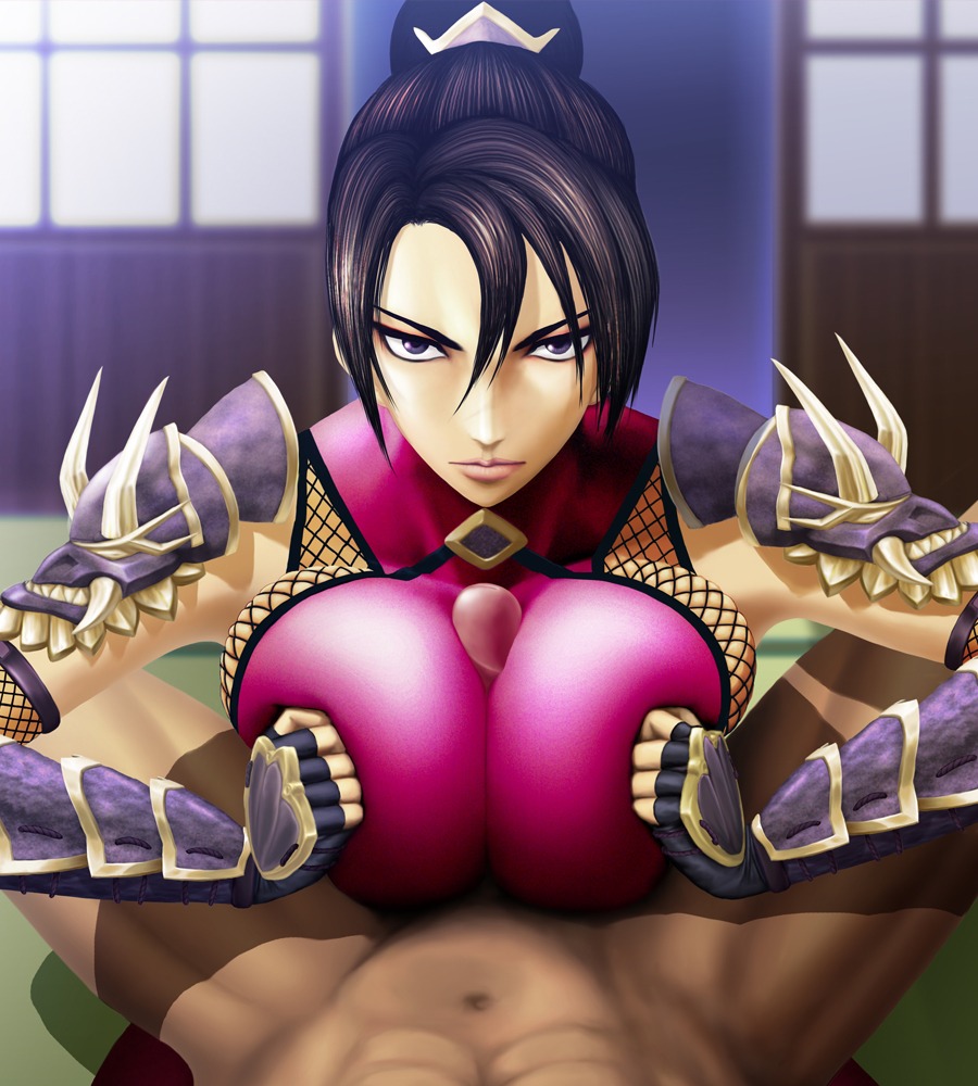 angry angry_paizuri black_eyes black_hair bodysuit breasts female fingerless_gloves glare gloves human long_hair male necrolust paizuri paizuri_over_clothes penis ponytail rule34 shoulder_pads soul_calibur straight taki_(soulcalibur) tied_hair uncensored