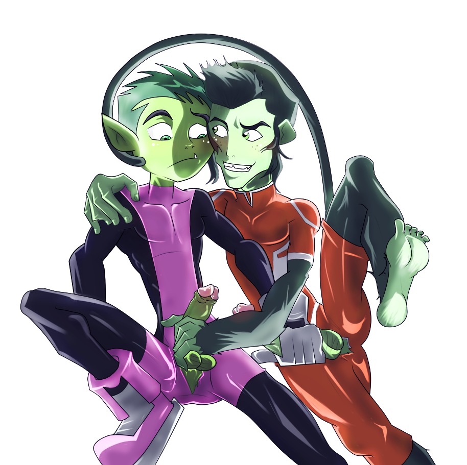 beast_boy cartoon_network dc_comics duo e621 erection foreskin genitals handjob humanoid humanoid_genitalia humanoid_penis male male/male mutual_handjob mutual_masturbation penile penis selfcest sex simple_background square_crossover teen_titans teen_titans_(television_series) unknown_artist white_background young_justice