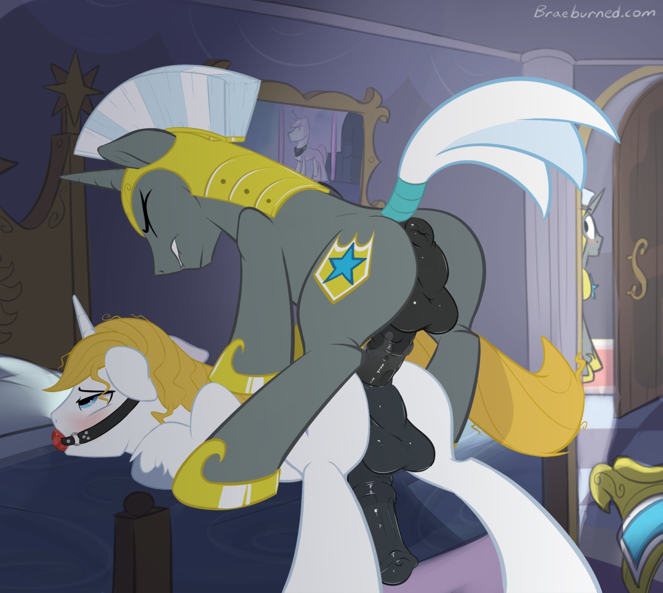 2014 anal anal_penetration animal_genitalia animal_penis anus armor backsack ball_gag balls bed bedroom bedroom_sex bent_over big_penis bite biting_lip biting_own_lip black_balls black_penis blonde_hair blue_eyes blush bodily_fluids braeburned butt clenched_teeth cutie_mark deep_penetration digital_media_(artwork) door duo_focus e621 edef equid equine equine_genitalia equine_penis erection eye_roll eyebrows eyes_closed feral feral_on_feral feral_penetrated feral_penetrating feral_penetrating_feral fluffy fluffy_tail friendship_is_magic from_behind_position fur furniture gag gagged genital_fluids genitals gold_(metal) gold_armor grey_body grey_fur grey_hooves grey_horn group hair half-closed_eyes hasbro headgear helmet hi_res hooves horn inside lips long_hair long_penis lying male male/male male_penetrated male_penetrating male_penetrating_male mammal medial_ring mostly_nude my_little_pony mythological_creature mythological_equine mythology narrowed_eyes on_bed on_front painting_(object) penetration penile penile_penetration penis penis_in_ass perineum picture_frame pillow precum prince_blueblood_(mlp) raised_tail royal_guard_(mlp) self_bite sex snout standing star tail teeth text thick_penis top_hole unicorn urethra url voyeur white_body white_fur white_hair white_horn white_tail wood yellow_tail