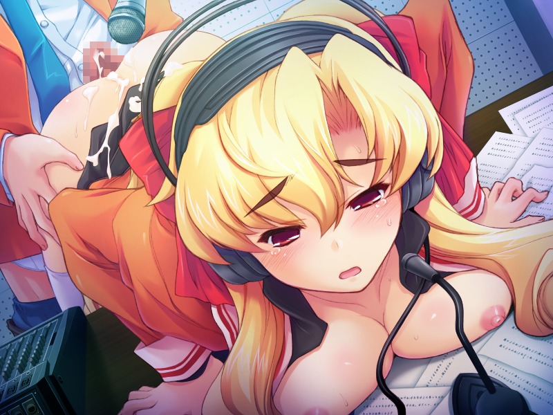 1boy 1girls after_sex ass bent_over_table blonde_hair blush bow breast_rest breasts clothed_sex cum cum_on_ass cum_on_body cum_on_clothes cum_on_lower_body embarrassed female female_focus from_behind frown headphones human humiliation indoors large_breasts leaning long_hair male microphone necktie nipples open_clothes open_mouth paper partial_male red_eyes rule34 school_uniform skirt straight table tears thighhighs torso_grab