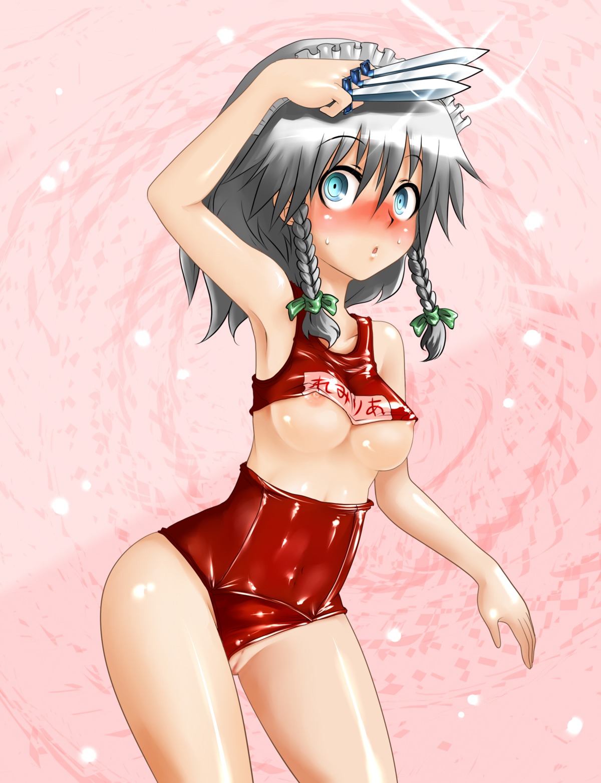 1girls blue_eyes blush braid breasts face female harusame highres knife maid maid_headdress name_tag nipples one-piece_swimsuit pussy rule34 sakuya_izayoi school_swimsuit short_hair silver_hair solo swimsuit swimsuit_aside throwing_knife touhou twin_braids undersized_clothes weapon