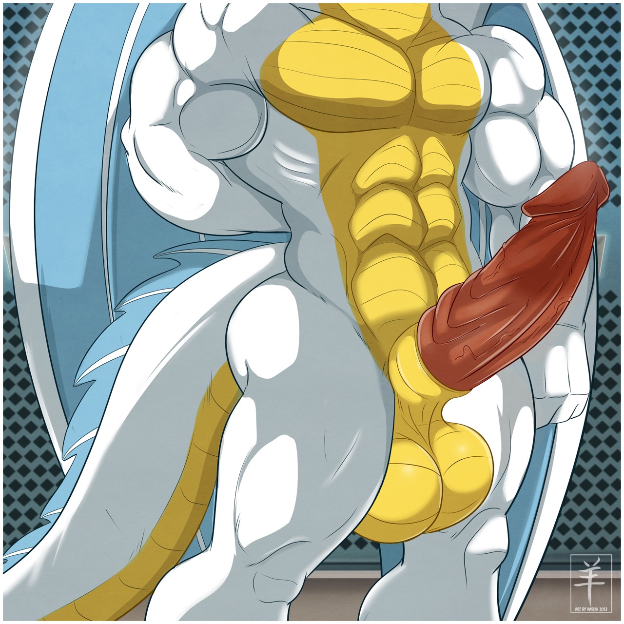 1:1 2013 aaron_(artist) abs animal_genitalia anthro balls biceps big_balls big_muscles big_penis biped border butt clothed clothing digital_media_(artwork) dragon e621 erection european_mythology faceless_character faceless_male fahleir fala_delamere genitals hi_res inside male membrane_(anatomy) membranous_wings multicolored_body multicolored_scales muscular muscular_anthro muscular_male mythological_creature mythological_scalie mythology non-mammal_balls nude partially_clothed pattern_background pecs penis pose presenting reptile scales scalie shadow sheath simple_background solo standing tail torso_shot two_tone_body two_tone_scales vein veiny_penis western_dragon white_body white_border white_scales wings yellow_body yellow_scales