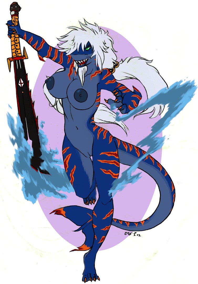 anthro aquatic big_breasts breasts e621 female fish genitals green_eyes hair jabberwockychamber long_hair melee_weapon nipples non-mammal_breasts non-mammal_nipples nude open_mouth ponytail running shark solo stripes sword tail teeth vulva water weapon white_hair yashria