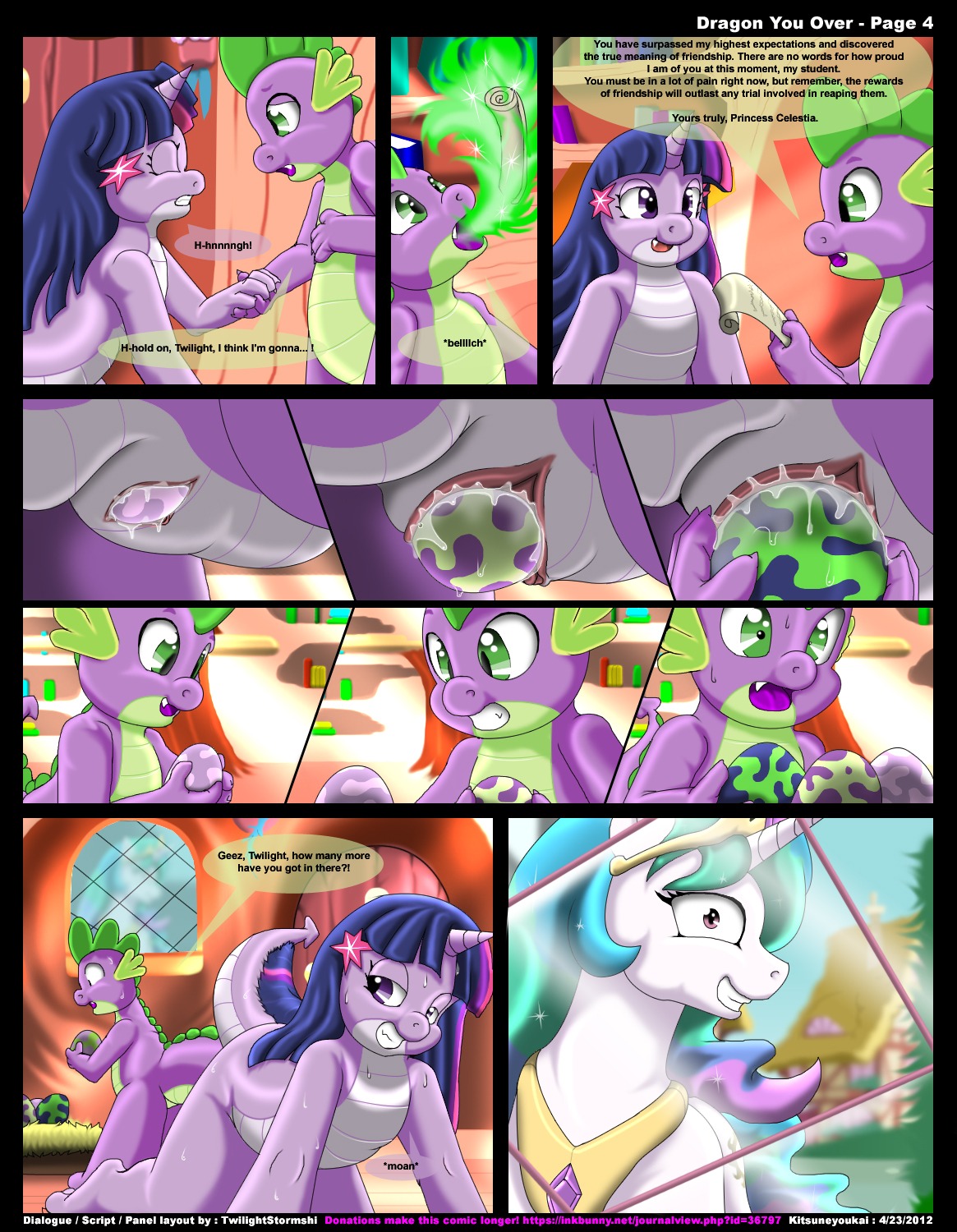 10s 2012 2girls alicorn comic_page dragon egg egg_laying equine female feral friendship_is_magic hasbro horse kitsuneyoukai my_little_pony page_4 pony princess_celestia_(mlp) purple_body pussy rule34 scalie spike_(mlp) straight_hair twilight_sparkle_(mlp) vagina watching