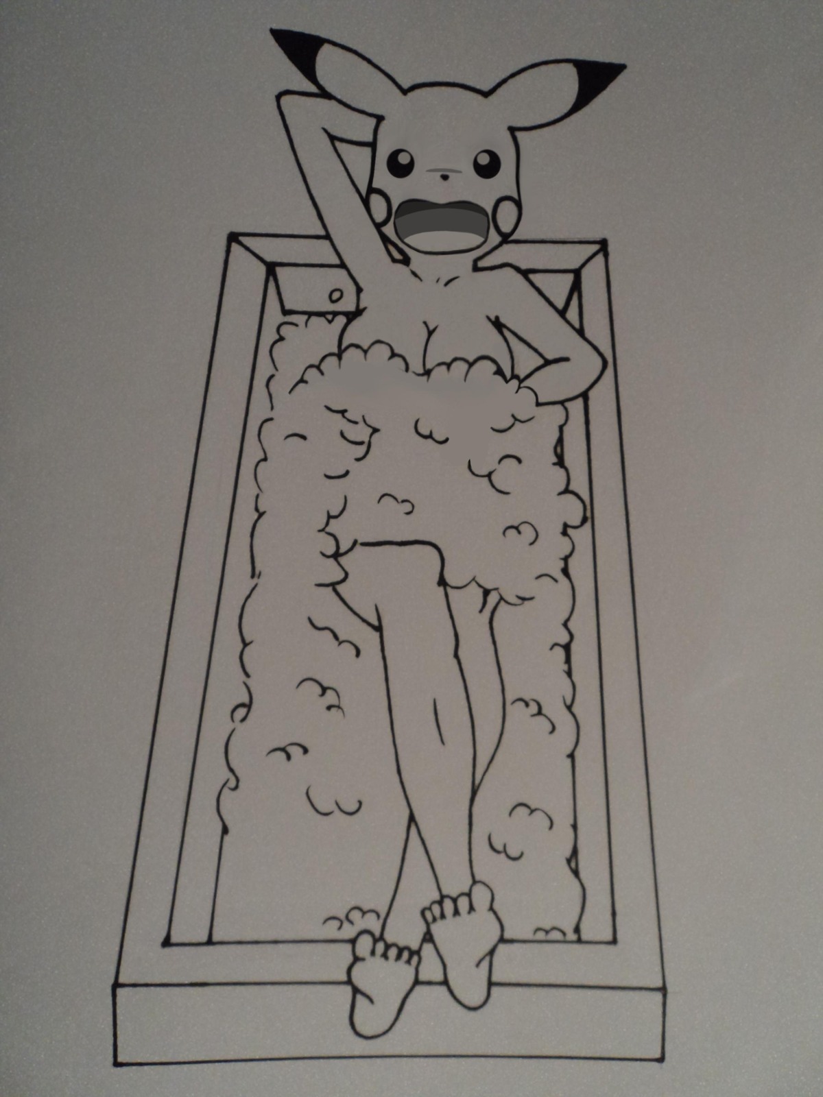 anthro bath breasts covering feet female female_only fur furry monochrome mouth nintendo nudity open_mouth pikachu pokemon rule34 solo water