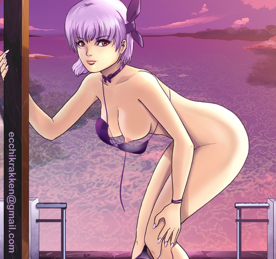 ayane_(doa) bent_over bottomless bracelet breasts choker dead_or_alive female female_only hairband human nail_polish nipples octopi purple_hair red_eyes ribbon rule34 short_hair solo text water