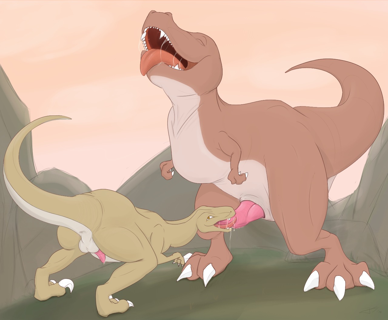 anus backsack balls bodily_fluids butt claws cum dinosaur dromaeosaurid duo e621 erection fellatio feral genital_fluids genitals interspecies jetshark male male/male male_penetrated male_penetrating male_penetrating_male oral oral_penetration orgasm_face penetration penile penis prehistoric_species reptile saurischian scalie sex tail tailbutt theropod tyrannosaurid tyrannosauroid tyrannosaurus tyrannosaurus_rex velociraptor