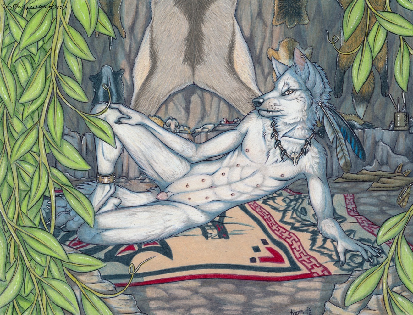 2012 anatomically_correct anatomically_correct_genitalia anatomically_correct_vulva animal_genitalia animal_vulva anthro biped canid canine canine_genitalia canine_vulva canis e621 ear_piercing feathers female flat_chested fur genitals jewelry keershang lying mammal multi_nipple necklace nipples nude on_side piercing solo tail toots tribal vulva white_body white_fur wolf