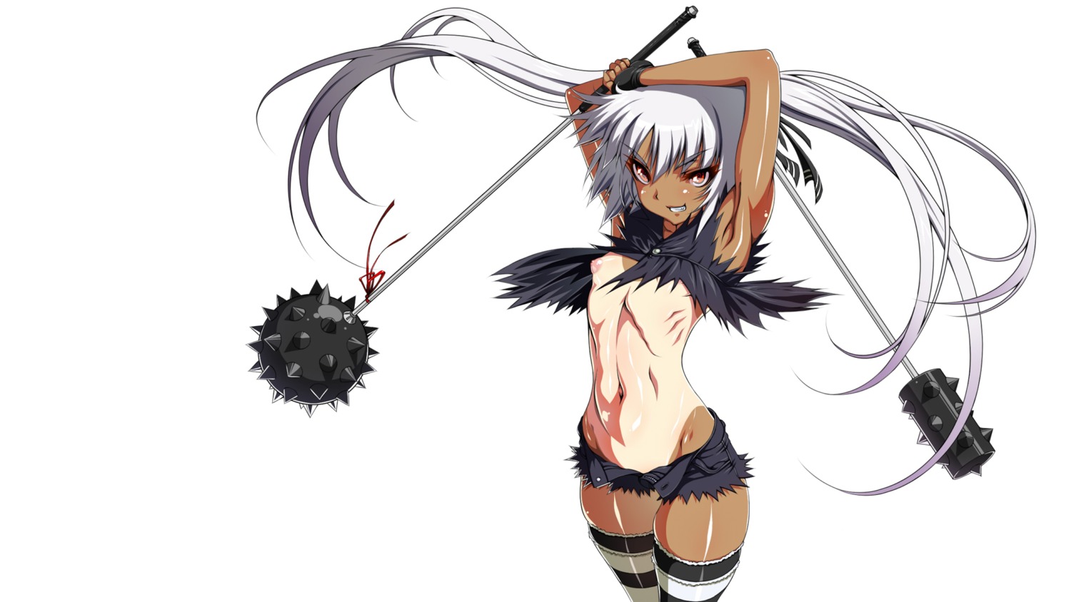 1girls armpits club denim denim_shorts female fingerless_gloves flat_chest gloves highres inagaki inagaki_(iii) kooh long_hair navel nipples open_clothes pangya pointy_chin puffy_nipples red_eyes ribs rule34 shorts solo striped striped_legwear striped_thighhighs tan tanline thighhighs tied_hair twintails weapon white_hair