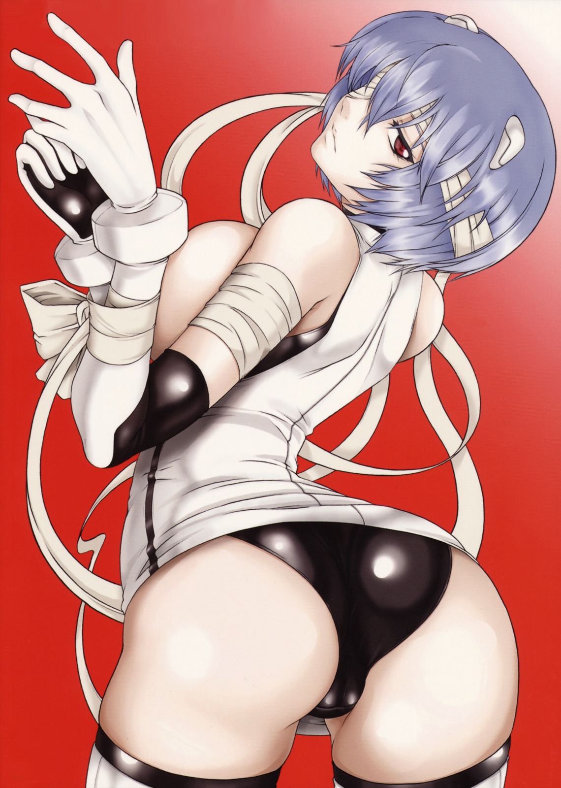 1girls ass axz back backboob bandages big_ass black_panties blue_hair breasts clothing female female_only gainax gloves hair highres human interface_headset kutani large_breasts light-skinned_female light_skin looking_back neon_genesis_evangelion pale-skinned_female pale_skin panties pilot_suit plugsuit purple_hair red_eyes rei_ayanami rule34 short_hair simple_background solo stockings thick_thighs underwear wide_hips