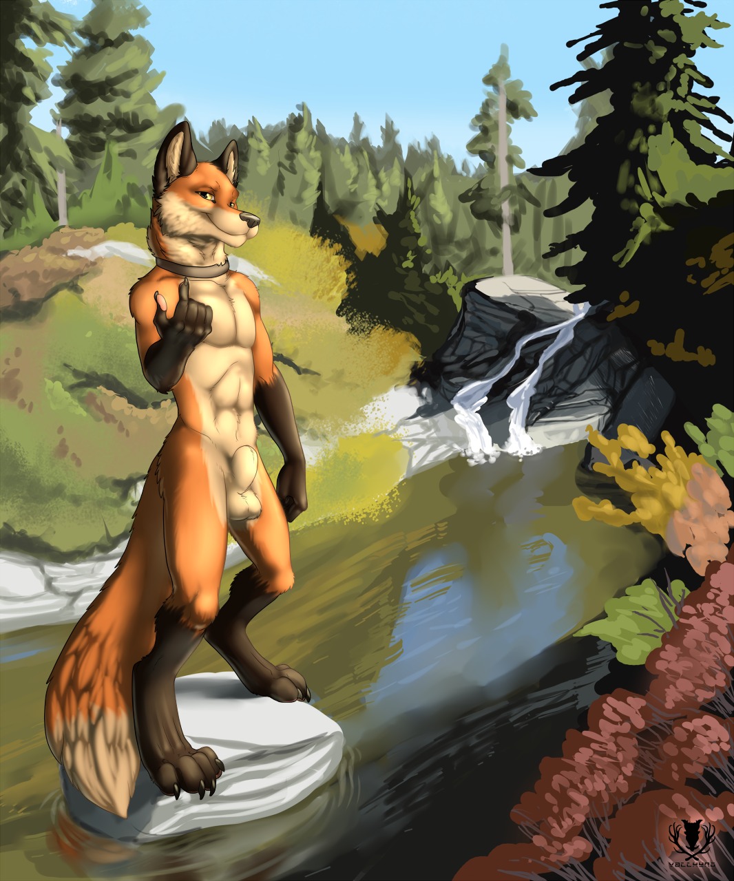 2014 4_toes animal_genitalia anthro athletic athletic_anthro athletic_male balls barefoot beckoning biped black_nose canid canine claws collar collar_only detailed_background digital_media_(artwork) digitigrade e621 feet forefinger forest fox full-length_portrait fully_sheathed fur genitals gesture grass hi_res hindpaw leg_markings looking_at_viewer male mammal markings multicolored_body multicolored_fur nature naughty_face nude orange_body orange_fur outdoor_nudity outside paws plant portrait river rock sheath sky smile socks_(marking) solo standing tail thewanderingfox toes tree two_tone_body two_tone_fur vallhound water yellow_eyes