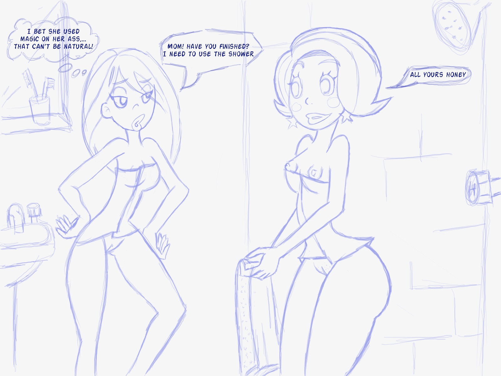 2girls a_kind_of_magic alternate_version_available areola cindy_(a_kind_of_magic) color_request female milf mother_and_daughter partially_clothed pussy rule34 sketch tagme thepapercat towel vagina willow_(a_kind_of_magic)
