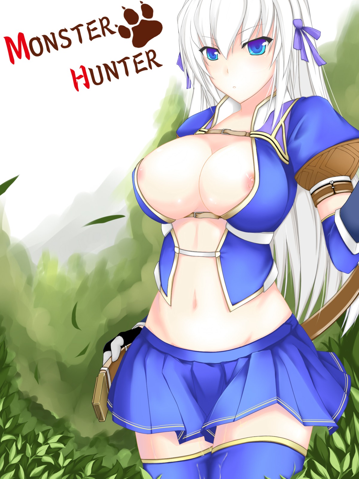 asuru belt blue_eyes breasts capcom cleavage dean female highres large_breasts long_hair monster_hunter monster_hunter_frontier navel nipple_slip nipples pointy_chin ribbon rule34 skirt thighhighs wet white_hair zettai_ryouiki