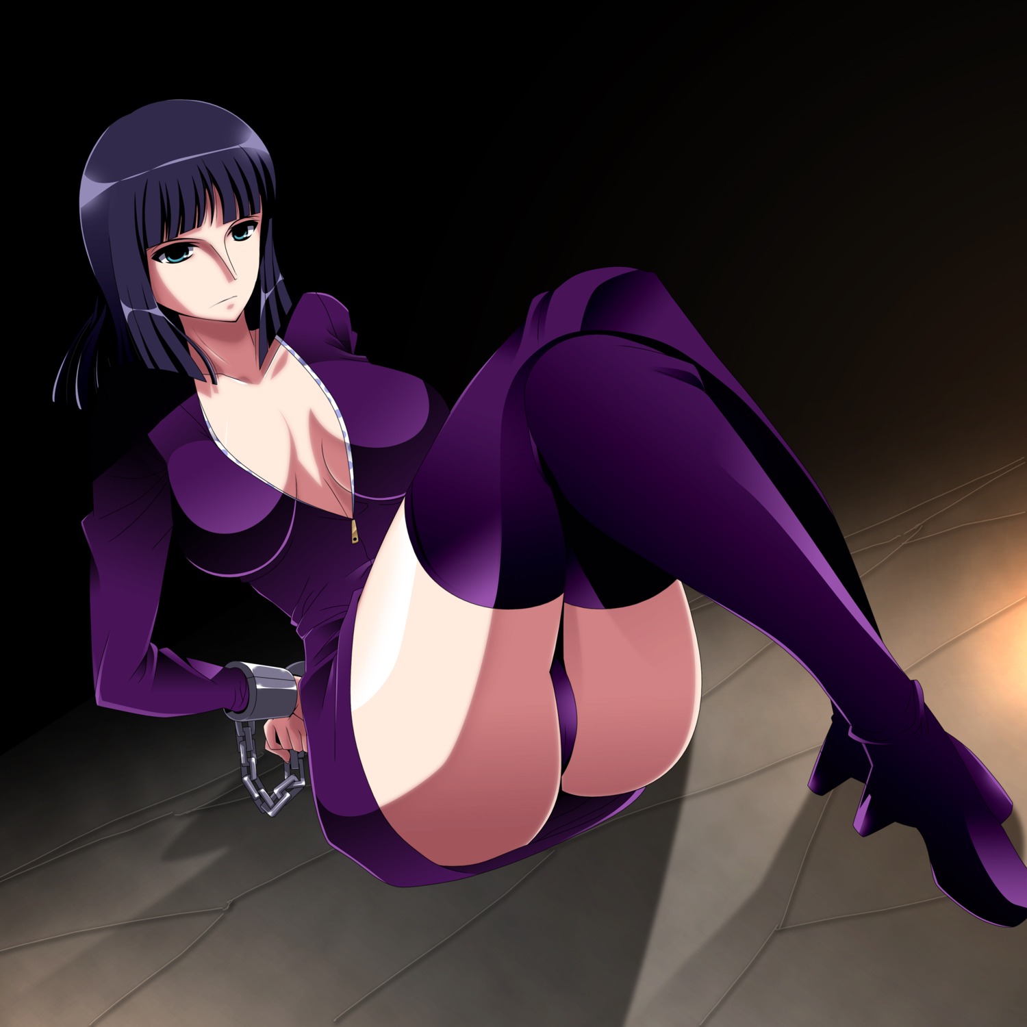 1girls ariyon arms_behind_back black_clothing black_dress black_hair black_thighhighs bondage boots bound_arms bound_wrists chains clothing crossed_legs cuffs female female_only green_eyes highres human leather_minidress legs_crossed mature_female nico_robin one_piece panchira panchira_(sitting) panties pantyshot pantyshot_sitting pre-timeskip rule34 shackles sitting solo straight_hair thigh_boots thighhighs underwear water_7