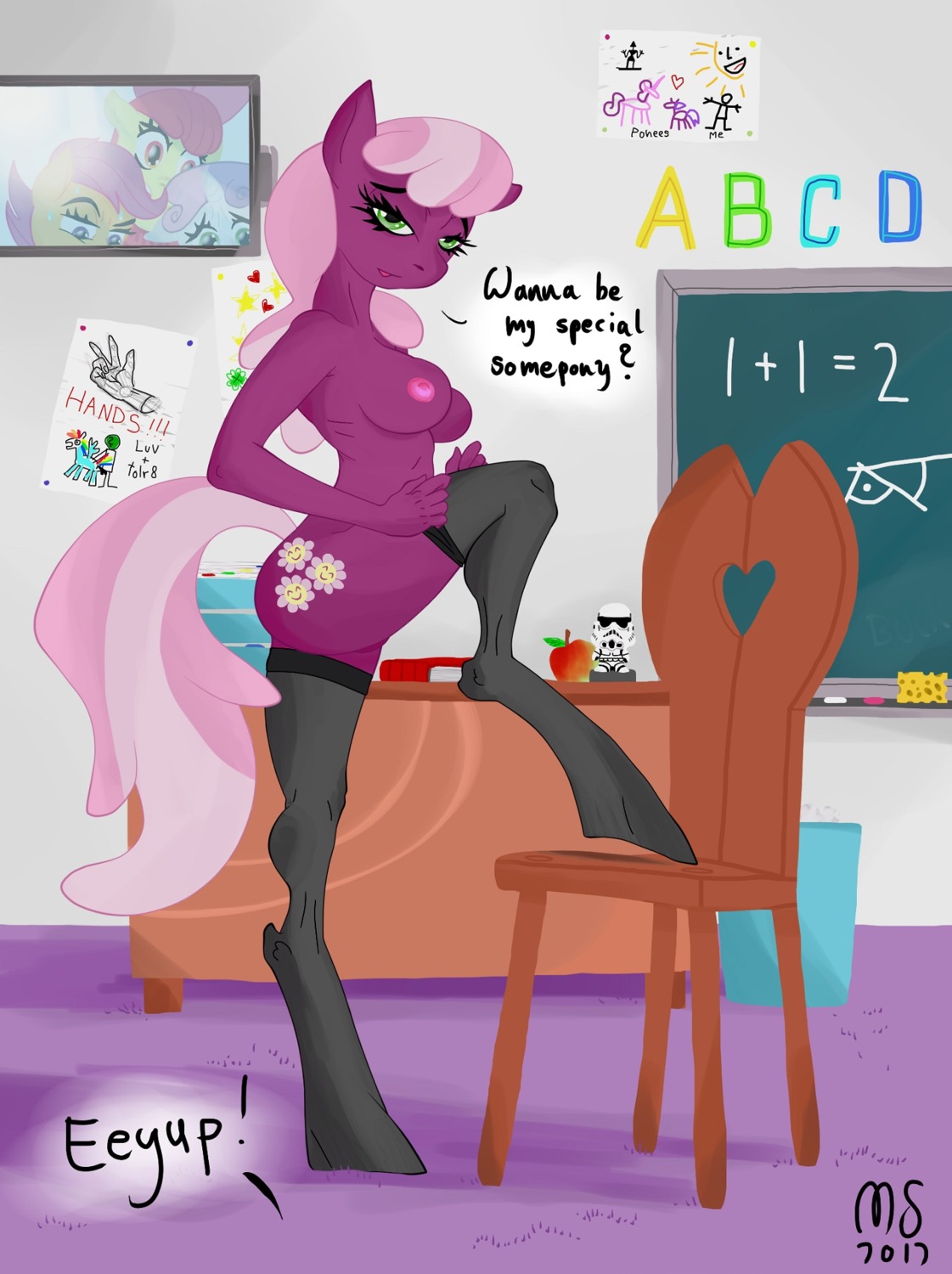 anthro anthrofied apple apple_bloom_(mlp) big_macintosh_(mlp) breasts butt chalkboard cheerilee_(mlp) clothing crossover cutie_mark_crusaders_(mlp) dialogue e621 earth_pony english_text equid equine female food friendship_is_magic fruit group hasbro hi_res horn horse information_board legwear looking_at_another mammal modernstormtrooper my_little_pony mythological_creature mythological_equine mythology nipples peeping plant pony scootaloo_(mlp) solo_focus sponge star_wars stockings stormtrooper sweetie_belle_(mlp) tail text unicorn