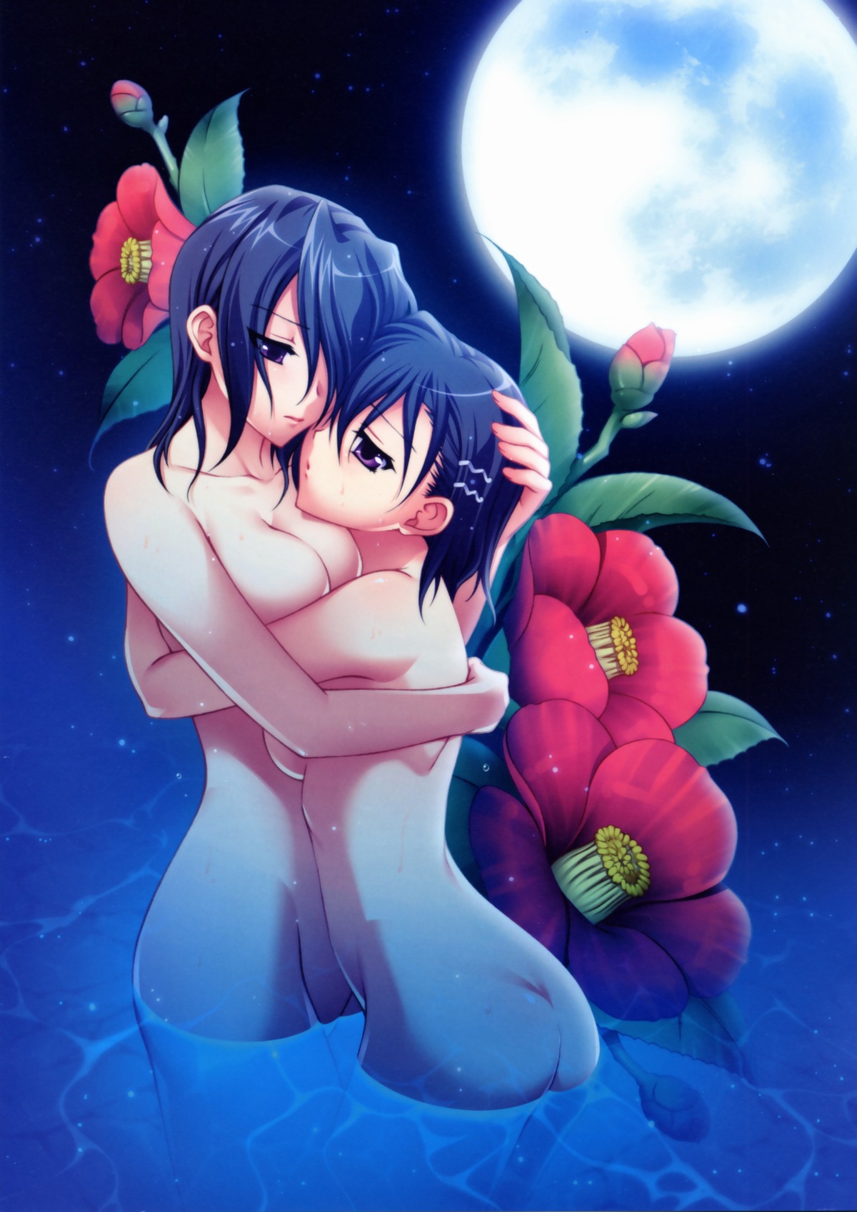 2girls aoi_shiro bathing female full_moon hal hugging kaya_(aoi_shiro) moon multiple_females multiple_girls nude osanai_shouko purple_eyes rule34 short_hair water yuri