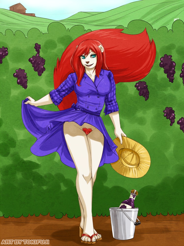 2011 3:4 alcohol anthro beverage blue_eyes bottomless clothed clothing dress e621 female flashing fluffy food footwear fruit fur genitals gina_cattelli grape hair hat headgear headwear looking_at_viewer mammal mink mustelid musteline open_mouth plant pubes red_hair rodent sandals sciurid shoes solo tokifuji tree_squirrel true_musteline vulva white_body white_fur wine