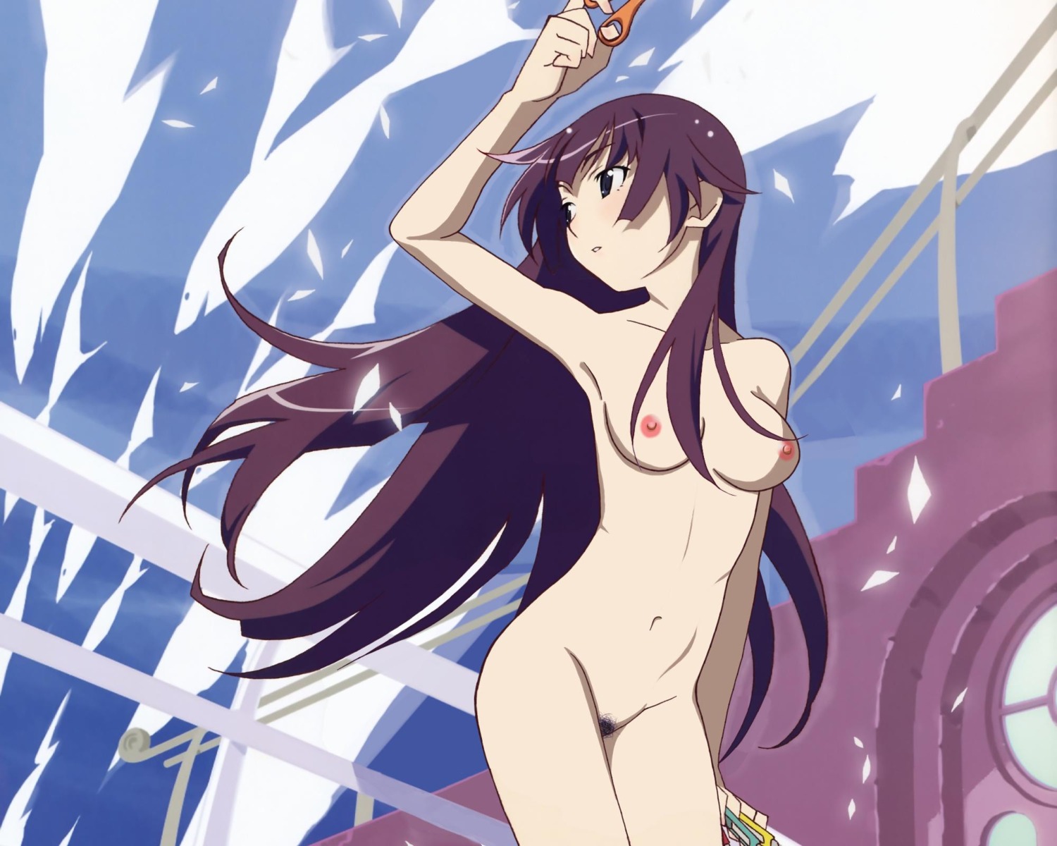 bakemonogatari female monogatari_(series) nude nude_filter photoshop purple_hair rule34 senjougahara_hitagi