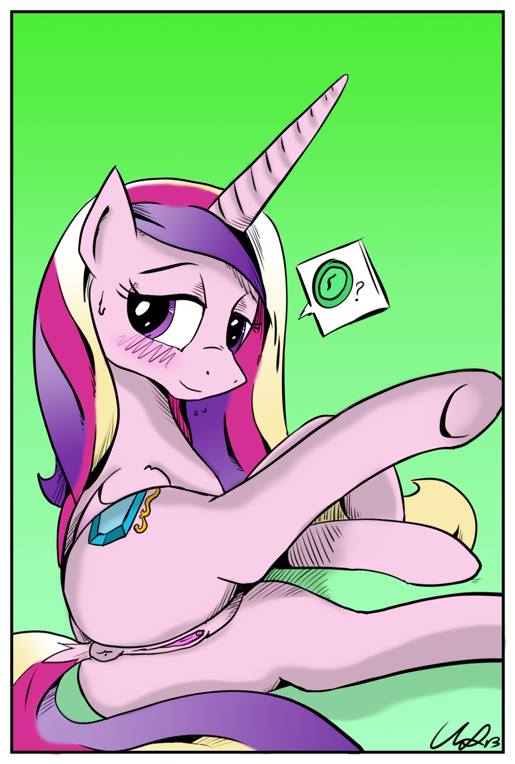 2013 anus blush bodily_fluids butt condom csotws cutie_mark dialogue e621 equid equine feathered_wings feathers female feral friendship_is_magic fur genitals hair hasbro hi_res hooves horn inviting looking_at_viewer looking_away mammal multicolored_hair my_little_pony mythological_creature mythological_equine mythology pictographics pink_body pink_feathers pink_fur presenting presenting_hindquarters princess_cadance_(mlp) purple_eyes raised_leg sexual_barrier_device shy smile solo sweat sweatdrop text vulva winged_unicorn wings