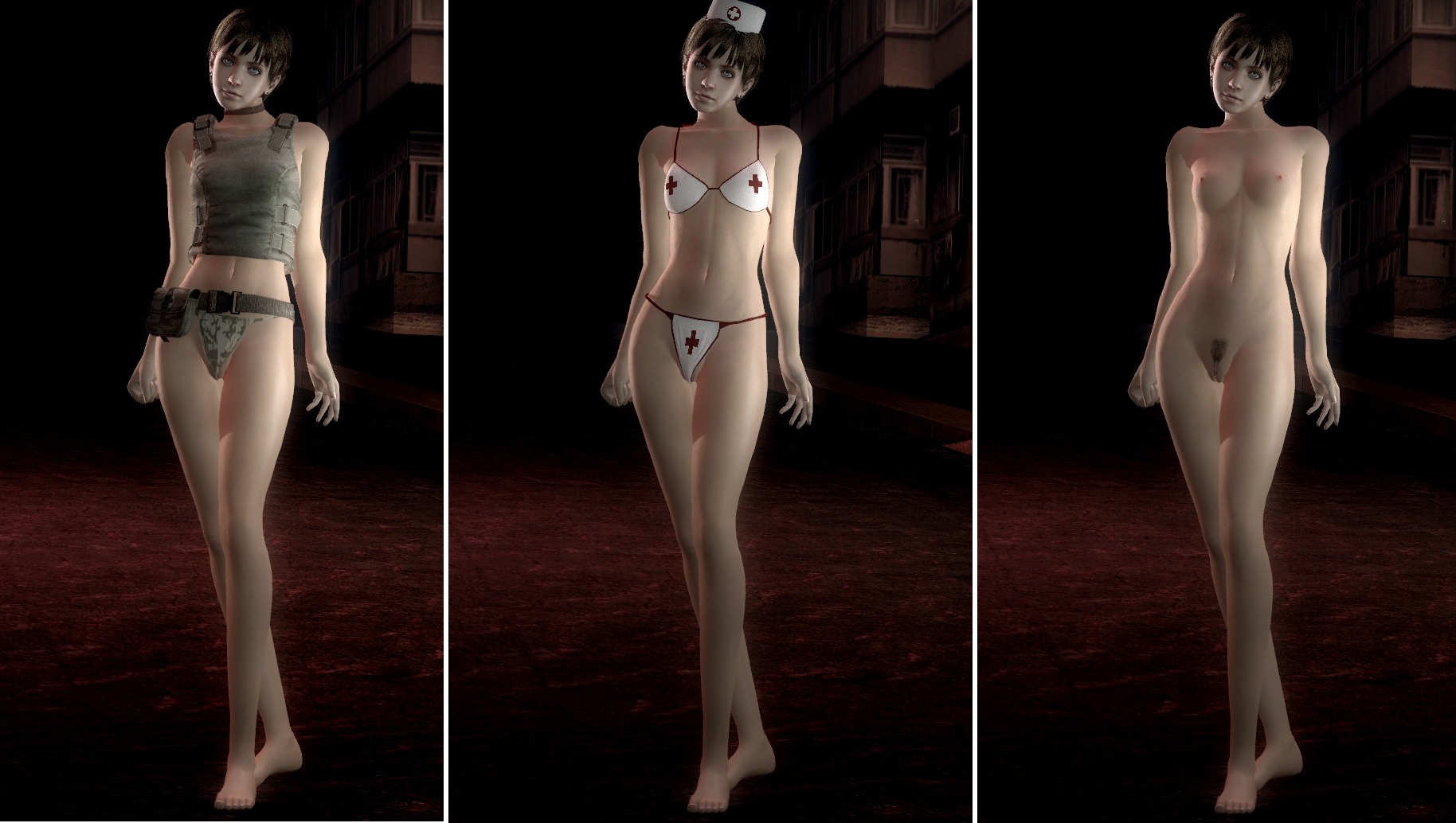 1girls 3d 3d_(artwork) areolae barefoot belt bikini breasts brown_hair choker female female_only hat human light-skinned_female light_skin looking_at_viewer multiple_views naked navel nipples nude panties pubic_hair rebecca_chambers resident_evil rule34 short_hair slender_legs slim_waist small_breasts solo standing straight_hair swimsuit tomboy video_game_character