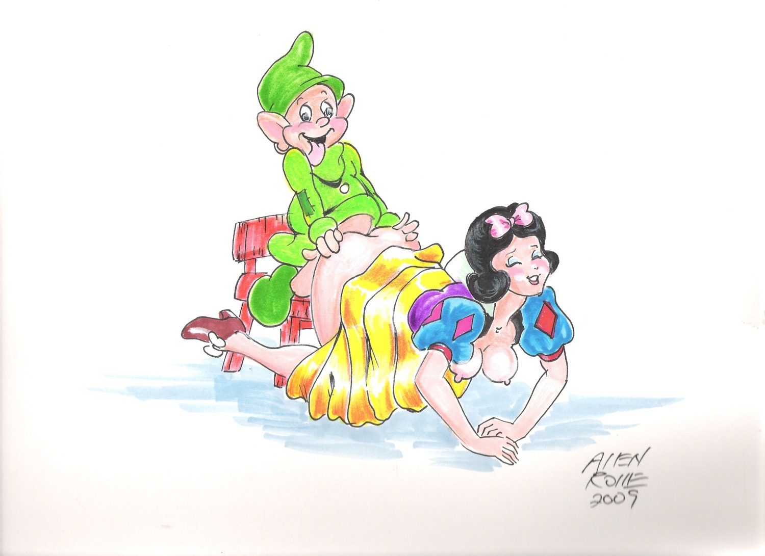 1boy 1girls 2009 all_fours allen_rolle bent_over black_hair breasts breasts_out disney disney_princess dopey_(snow_white) dress_lift dwarf female from_behind functionally_nude human implied_sex larger_female male nipples princess rule34 smaller_male snow_white_(disney) snow_white_and_the_seven_dwarfs_(1937_film) tongue tongue_out