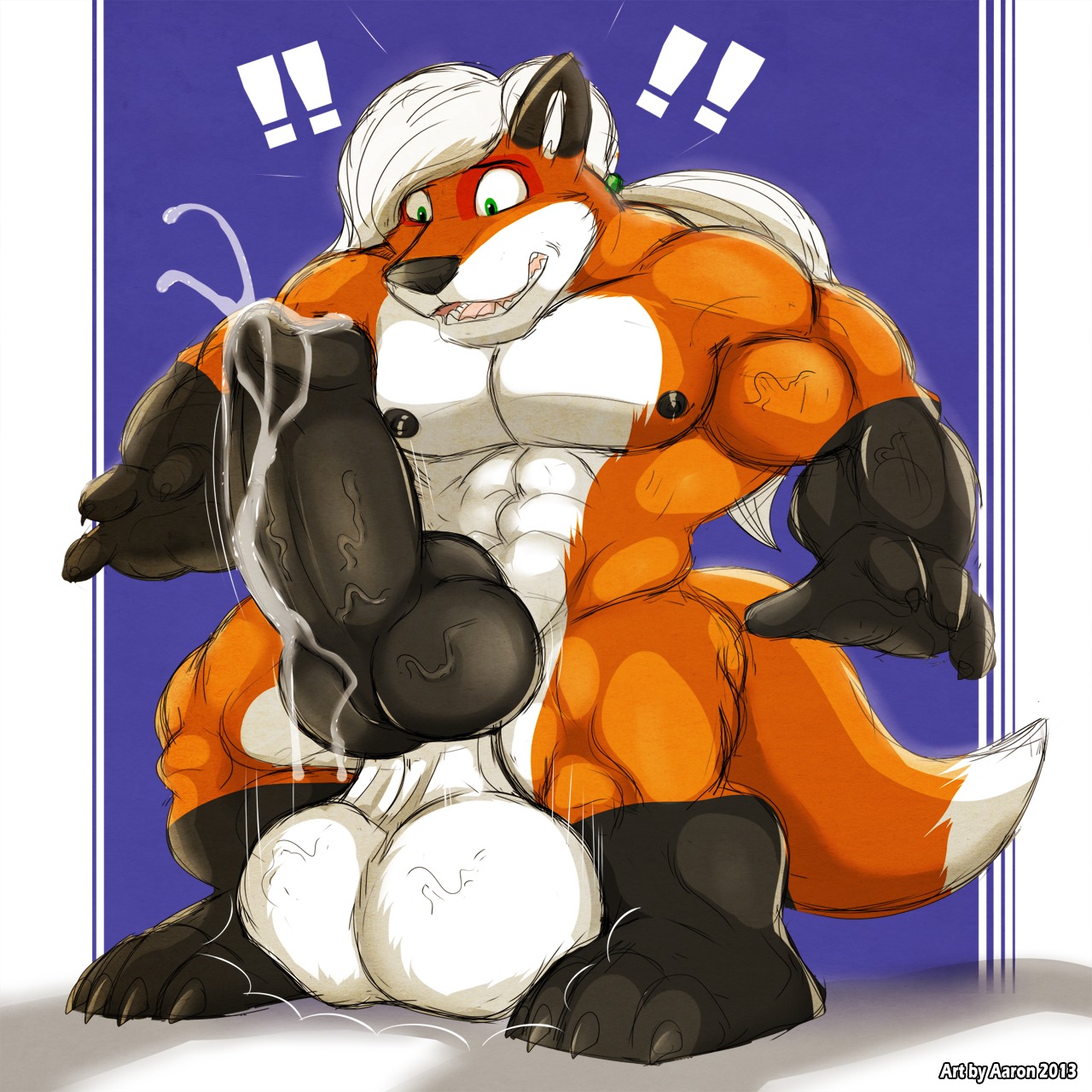1:1 aaron_(artist) abs animal_genitalia animal_penis anthro arcius athletic balls biceps big_balls big_knot big_muscles big_penis biped black_body black_fur black_nose black_penis bodily_fluids canid canine canine_genitalia canine_penis claws digital_media_(artwork) e621 erection exclamation_point fangs fox fur genital_fluids genitals green_eyes hair hi_res huge_balls huge_muscles huge_penis hyper hyper_balls hyper_genitalia hyper_penis knot leaking male mammal masturbation muscular muscular_anthro muscular_male nipples nude open_mouth orange_body orange_fur pecs penile penile_masturbation penis ponytail pose precum sheath solo standing tail teeth thick_penis toe_claws tongue vein veiny_balls veiny_penis white_body white_fur white_hair