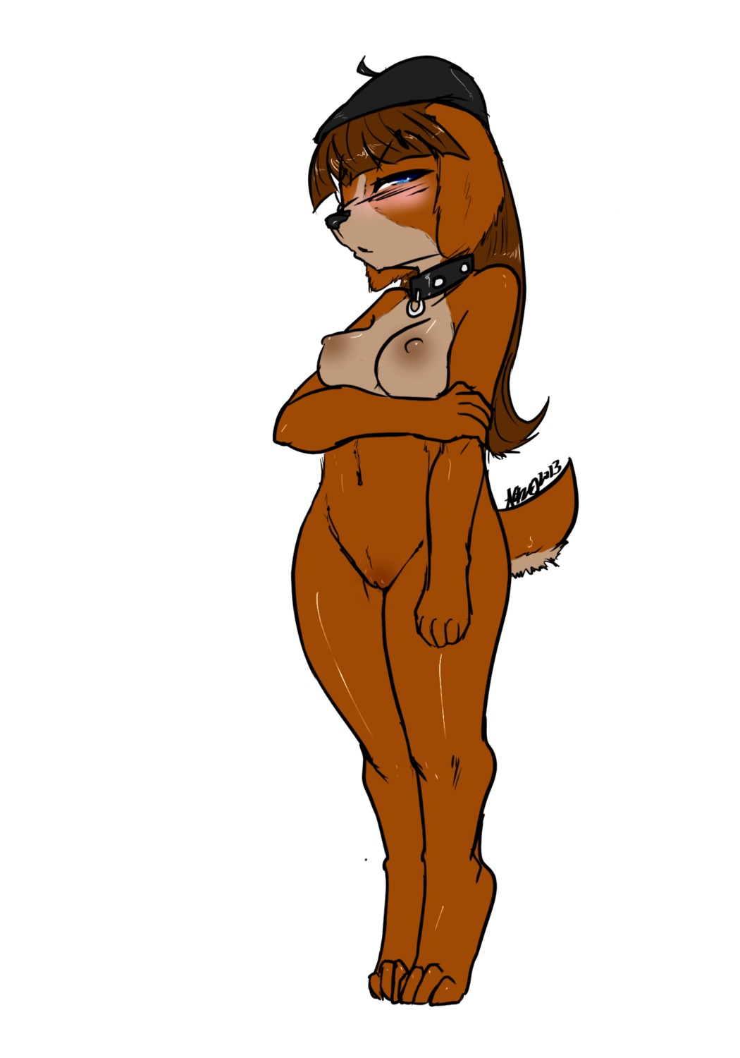 anthro avante92 black_nose blue_eyes blush breasts brown_body brown_fur brown_hair canid canine canis collar domestic_dog e621 female fur genitals hair hi_res mammal nipples nude solo vulva