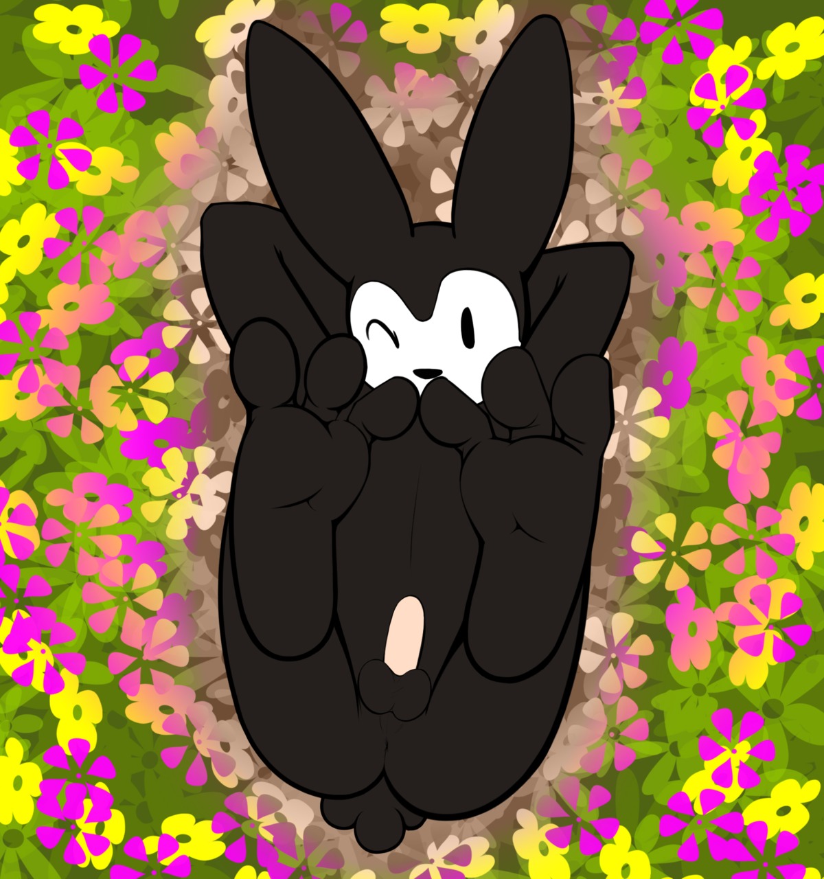 1boy 2010 ;) anthro arms_behind_head balls black_arms black_ass black_asshole black_balls black_body black_ears black_eyes black_feet black_head black_legs black_nose black_tail disney feet_up flowers happy_face happy_feet laying_on_flowers legs_up looking_at_viewer lying lying_on_back male male_only oswald_(character) oswald_the_lucky_rabbit penis pink_penis presenting_feet rule34 shiuk smile smiling solo tagme testicles white_face