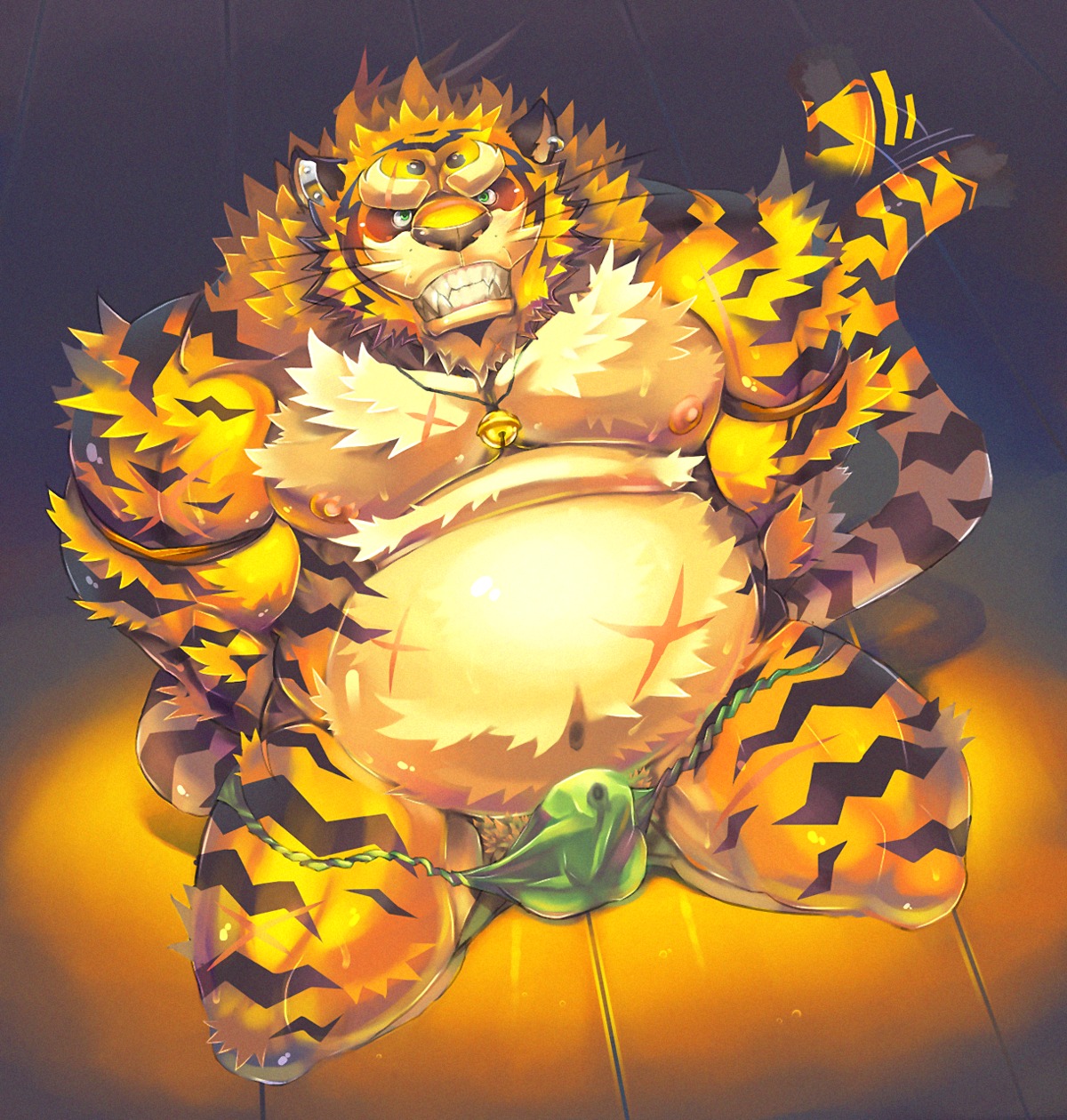 balls barazoku beaugilliam black_stripes bukkake! clothing dudedle dudedle_studio e621 erection felid fur genitals green_eyes hair hi_res male mammal muscular muscular_male nipples orange_body orange_fur pantherine penis pubes scar solo stripes tiger