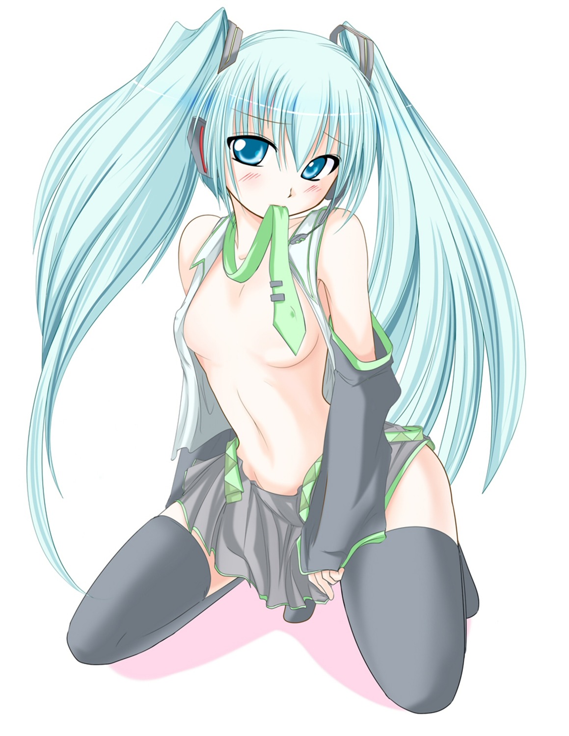 1girl aqua_eyes aqua_hair blue_eyes blush breasts detached_sleeves erect_nipples female hair_ornament hatsune_miku highres kirihane kneeling long_hair midriff miniskirt mouth_hold navel necktie nipples open_clothes open_shirt pleated_skirt rule34 shirt sitting skirt solo thighhighs tied_hair twintails undressing very_long_hair vocaloid zettai_ryouiki
