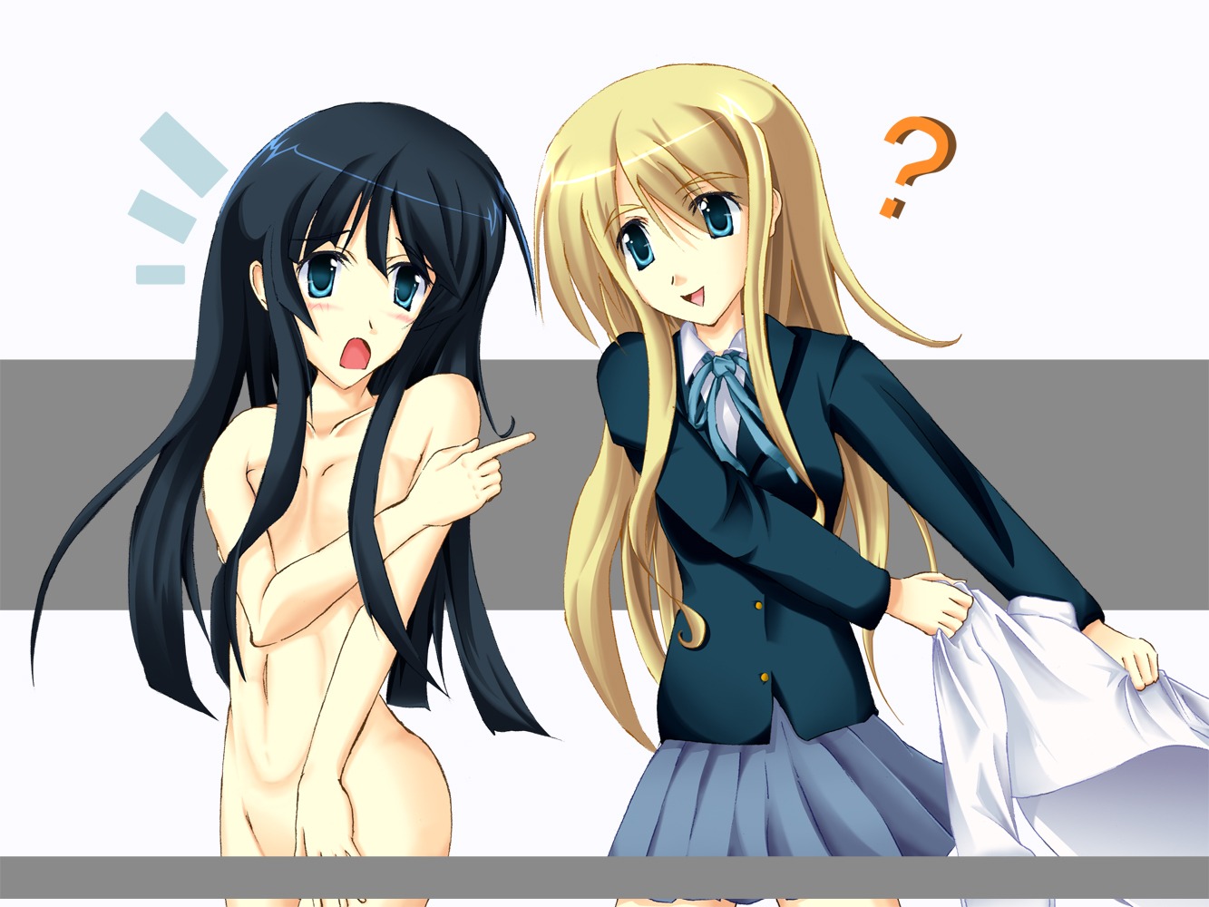 2girls black_hair blonde_hair blue_eyes female human human_only k-on! long_hair mio_akiyama_(k-on!) multiple_females multiple_girls nude rule34 school_uniform tsumugi_kotobuki_(k-on!)