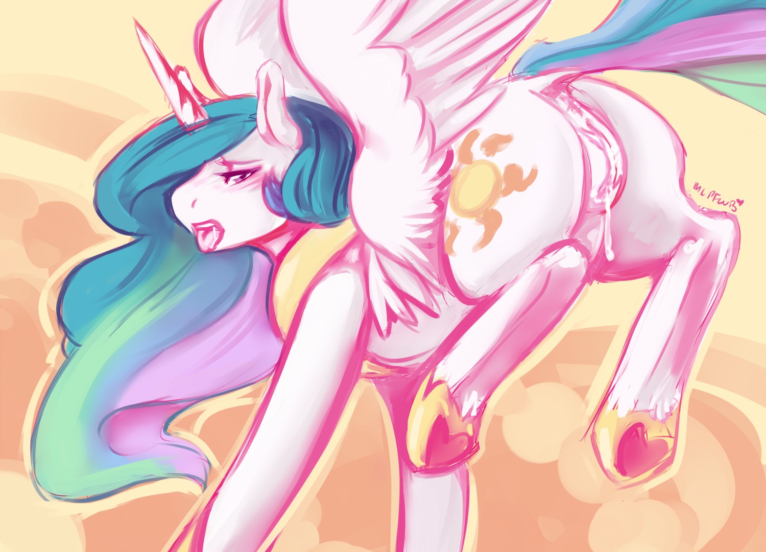 2013 anus aries84 blush bodily_fluids butt cutie_mark dock_(anatomy) e621 equid equine feathered_wings feathers female feral friendship_is_magic fur genital_fluids genitals hair half-closed_eyes hasbro hi_res hooves horn long_hair mammal my_little_pony mythological_creature mythological_equine mythology narrowed_eyes princess_celestia_(mlp) solo tail tongue tongue_out vaginal_fluids vulva white_body white_feathers white_fur winged_unicorn wings