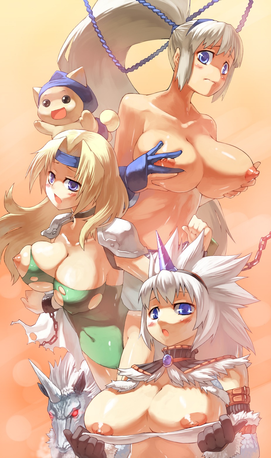 areola blonde_hair blue_eyes blush breast_hold breast_lift breasts capcom celes_chere chains chample choker color crossover female female_only final_fantasy final_fantasy_vi hairband headband highres horn horns huge_breasts kanryuusai_sensei kirin_(armor) kirin_(monster_hunter) long_hair majikina_mina monster_hunter multiple_females multiple_girls nipples ponytail rule34 samurai_shodown shoulder_pads snk takeda_kanryuusai tied_hair torn_clothes very_long_hair white_hair