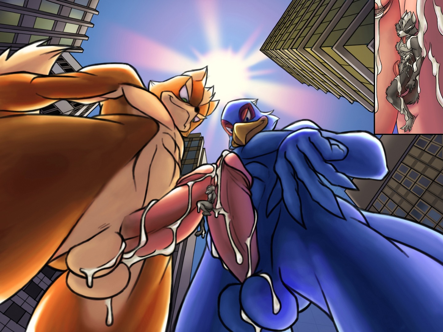 4:3 abs anthro avian balls beak biceps big_penis bird blue_body blue_eyes blue_feathers bodily_fluids canid canine canis city cum cum_on_balls cum_on_leg cum_on_penis cum_string cumshot dipstick_tail e621 ejaculation erection extreme_size_difference falco_lombardi feathers fox fox_mccloud frottage fur gadonstriom genital_fluids genitals green_eyes grey_body grey_fur group leaking macro male male/male mammal markings muscular nanogrrr nintendo nude orange_body orange_fur orgasm pecs penile penis penises_touching perspective pose precum sex size_difference standing star_fox tail tail_markings thick_penis tongue white_balls wolf wolf_o'donnell