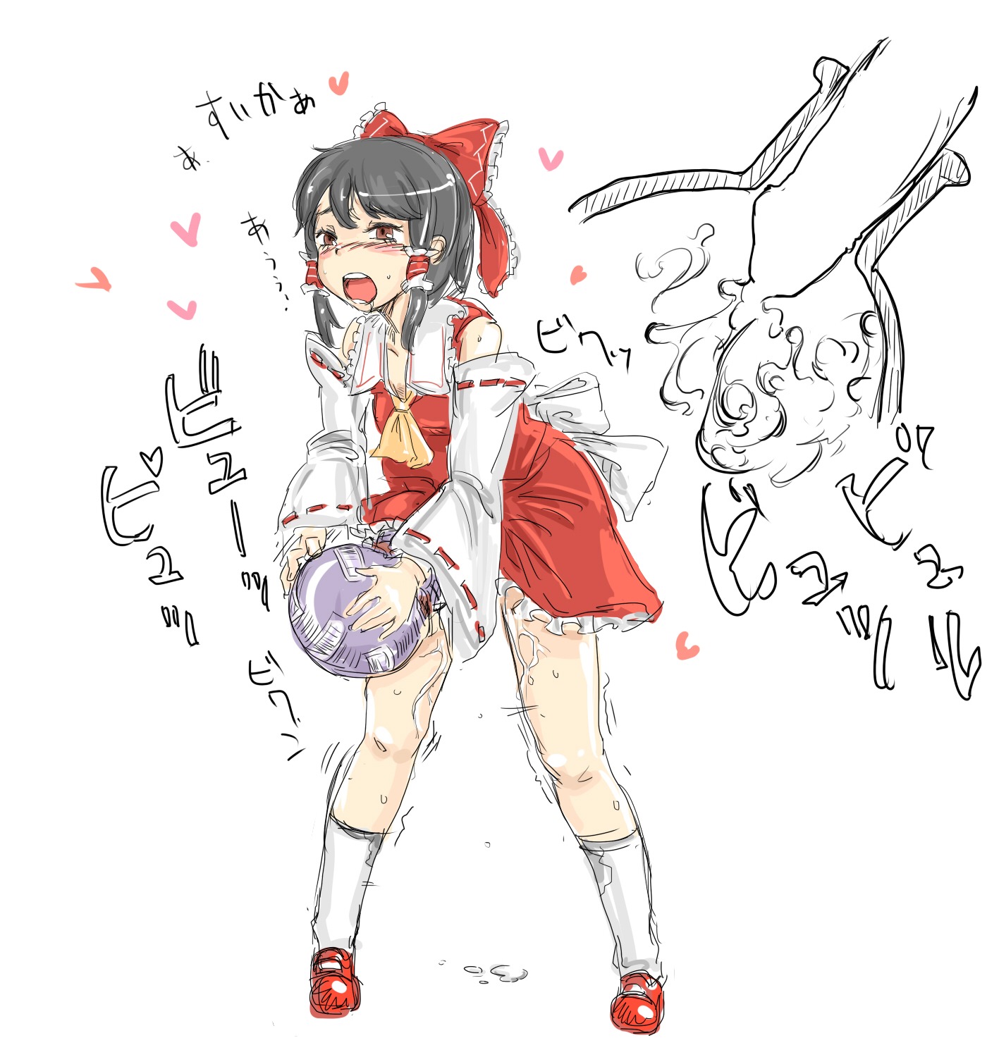 1futa ascot black_hair blush bow detached_sleeves futa_only futanari gourd hairbow highres human intersex masturbation michael-x red_eyes reimu_hakurei rule34 short_hair solo touhou