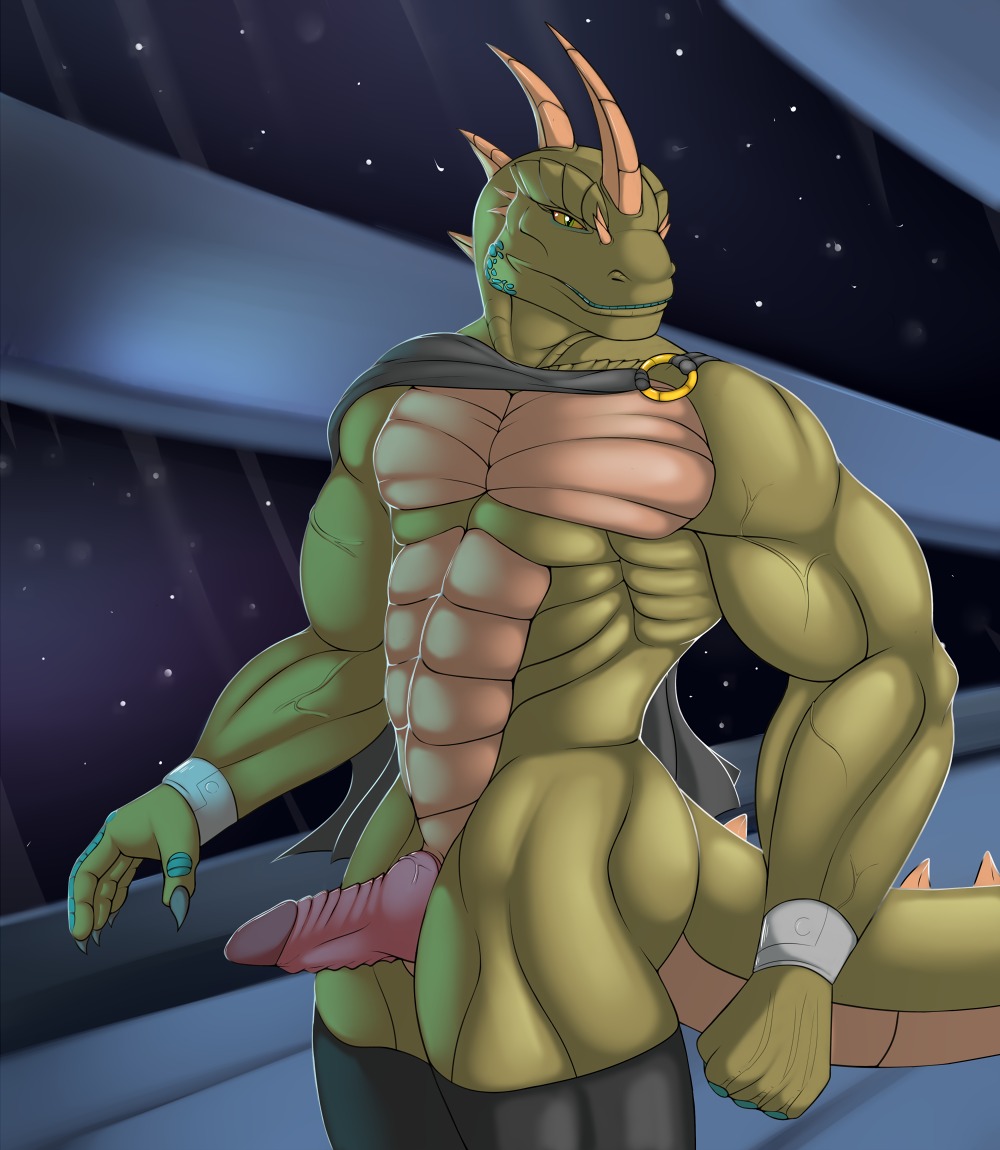 2014 abs animal_genitalia anthro athletic ben300 biceps big_muscles biped bottomwear bottomwear_down bracelet cape claws clothed clothing detailed_background e621 erection genital_slit genitals green_body green_eyes green_skin horn jewelry knot lizard looking_at_viewer male manly muscular muscular_anthro muscular_male nude pants pants_down partially_clothed pecs penile_spines penis pose reptile reptile_cynrik_(character) scales scalie shirt_cuffs solo space spikes standing star topless vein veiny_penis