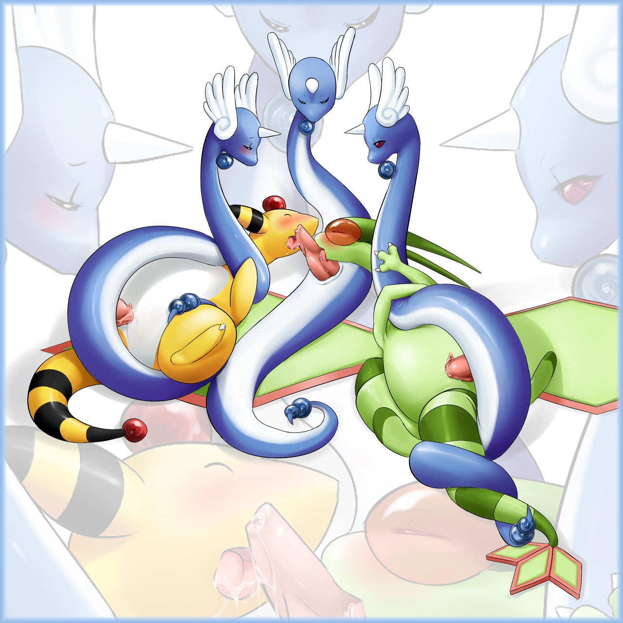 2009 2girls 3boys ampharos animal_genitalia closed_eyes cum cum_in_mouth dragonair eyes_closed female feral flygon group_sex male nintendo oral_sex penis pokemon pokemon_(species) rule34 shiroisora