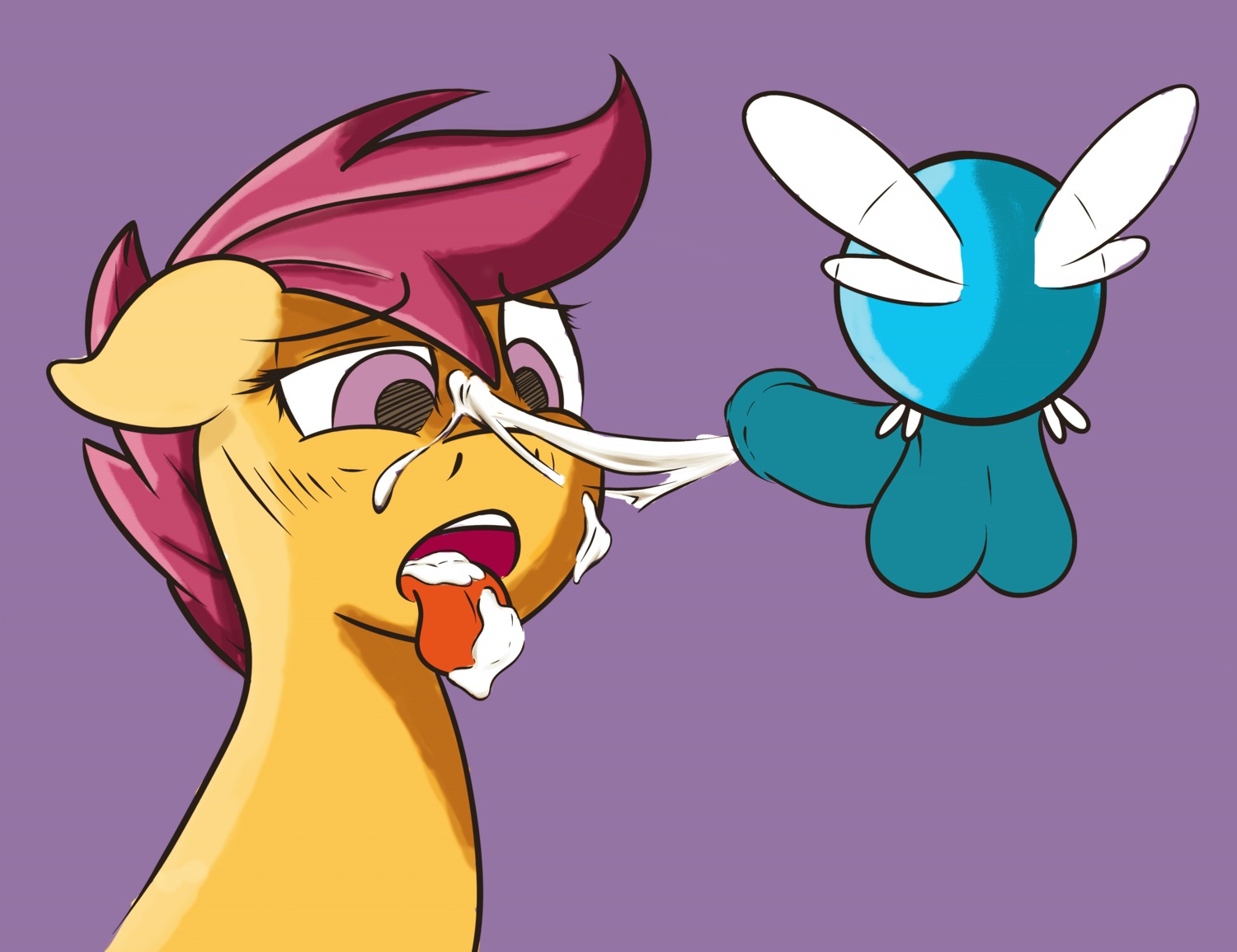 2014 absurd_res balls bodily_fluids cum cum_in_mouth cum_inside cum_on_face duo e621 equid equine erection female feral friendship_is_magic fur genital_fluids genitals hair hasbro hi_res horse insect_wings interspecies male male/female mammal my_little_pony nude orange_body orange_fur parasprite_(mlp) penis pony purple_eyes purple_hair scootaloo_(mlp) sex unknown_artist wings young young_feral