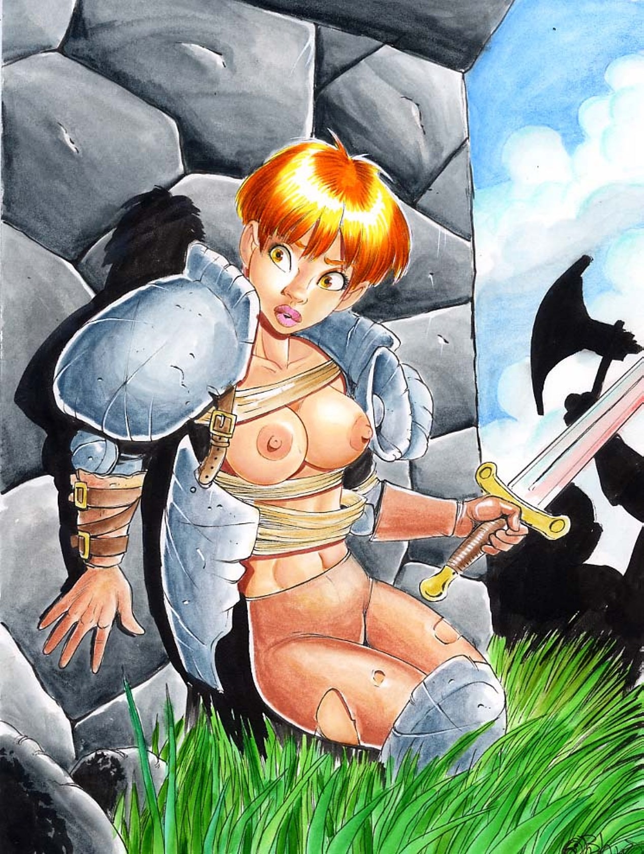 1girls armor barry_blair blue_sky breast_outside breasts broken_armor cloud day daytime female france french grass history joan_of_arc medium_breasts orange_hair outdoors public_domain rule34 short_hair sword traditional_media yellow_eyes