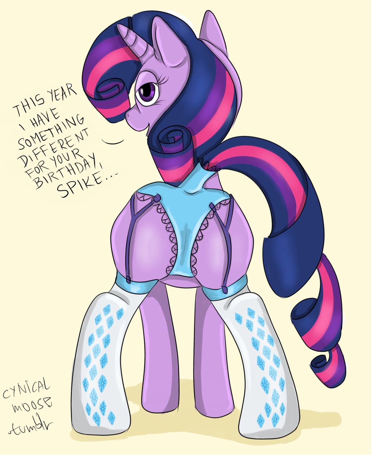 2012 camel_toe clothing cynicalmoose e621 english_text equid equine female feral friendship_is_magic fur garter_straps hair hasbro hi_res horn legwear lingerie mammal multicolored_hair my_little_pony mythological_creature mythological_equine mythology panties purple_body purple_eyes purple_fur purple_hair simple_background solo stockings tail text twilight_sparkle_(mlp) two_tone_hair underwear unicorn