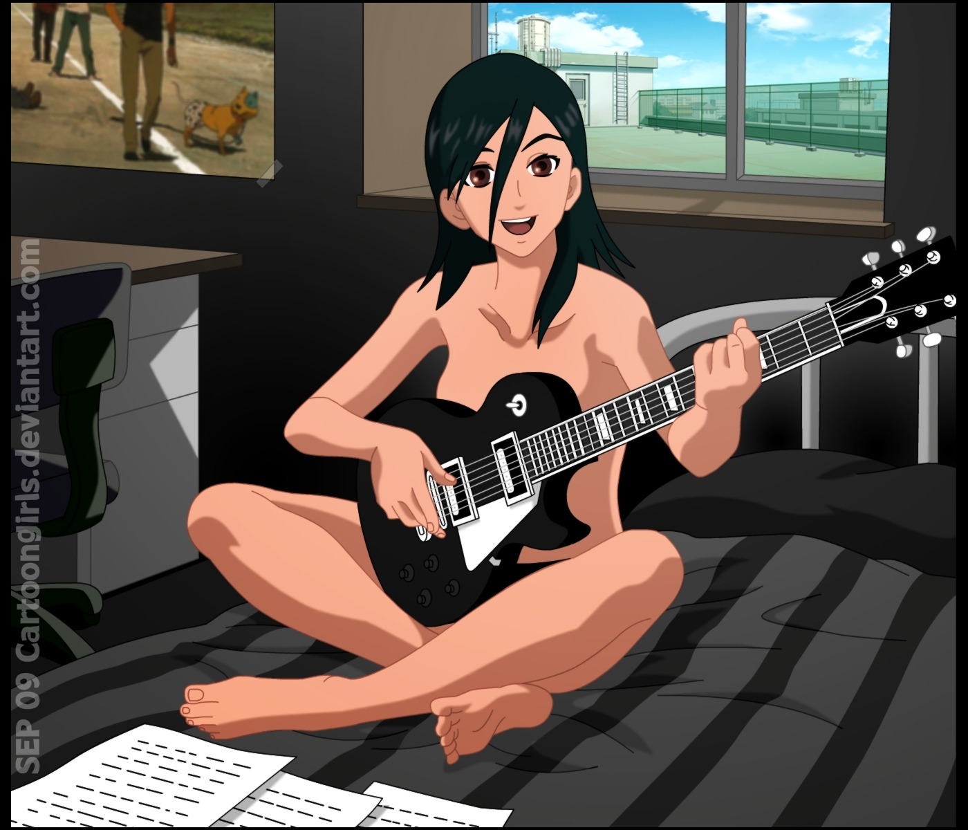 1girls 2009 barefoot beck:_mongolian_chop_squad black_hair brown_eyes cartoongirls casual feet female guitar human maho_minami musical_instrument pale_skin rule34 soles solo toes