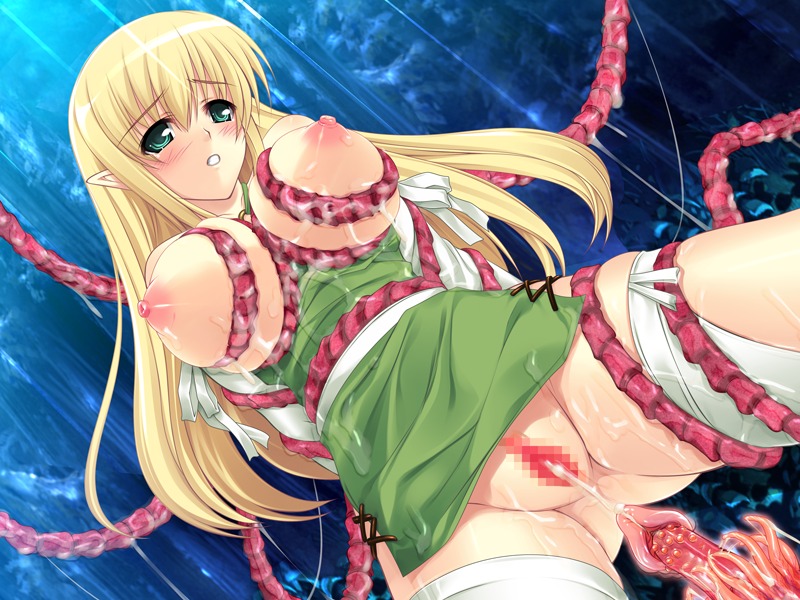 blonde_hair blush breast_squeeze breasts censored clothing cum cumdrip elf female game_cg green_eyes large_breasts nipples pointy_ears pussy rule34 spread_legs stockings team-tanabe tentacle thighhighs tiffania_westwood zero_no_tsukaima